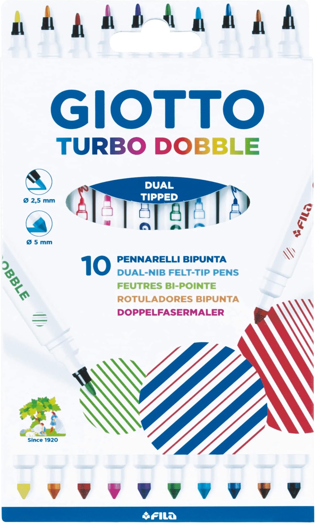GIOTTO Turbo Dobble Dual Nip Felt Tip Fibre Pens, Fine & Conical Tip, 10 Assorted Colours, For Children, Parties and Schools