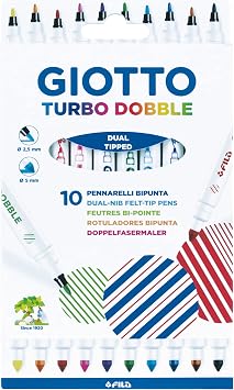 GIOTTO Turbo Dobble Dual Nip Felt Tip Fibre Pens, Fine & Conical Tip, 10 Assorted Colours, Ideal for Children, Parties and Schools