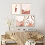 ArtbyHannah Boho Framed Wall Art Set for Bedroom, Bohemia Mid Century Moon Sun Rising Mountains Prints in 11x14 inch Picture Frame for Bathroom, Living Room Decoration(4 Pack, Beige)