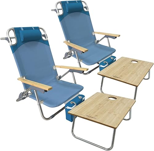 Mochila plegable de playa, paquete de 2 unidades, de aluminio, 5 posiciones, con mesa de camping Samll, silla de salón plana de bambú para