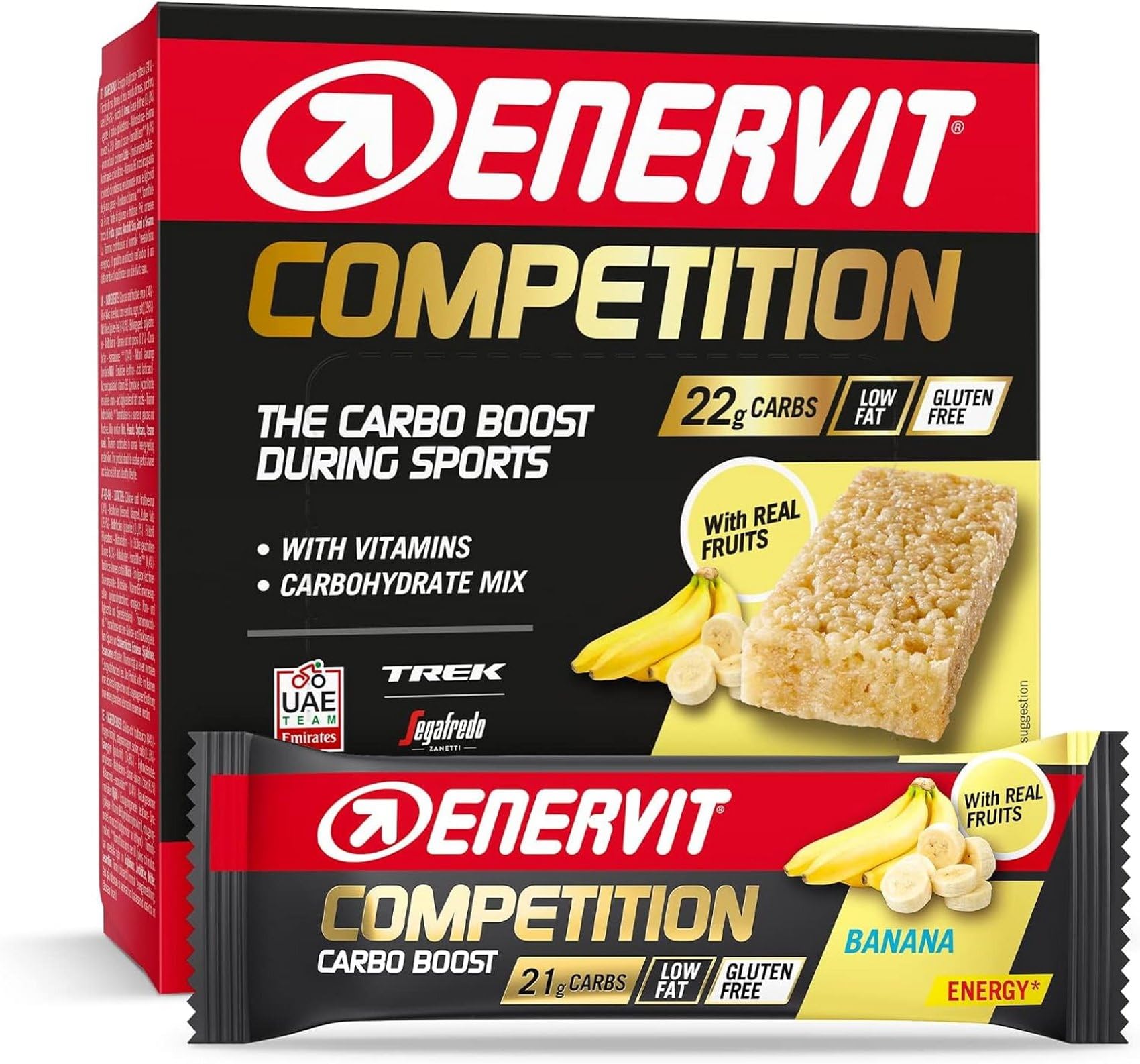 Enervit Competition Bar Plátano, Barritas Energéticas con Trozos de Plátano, Fórmula Técnica, Para Actividades de Alta Intensidad, 22g de Carbohidratos, Sin Gluten, 12 Barritas de 30g
