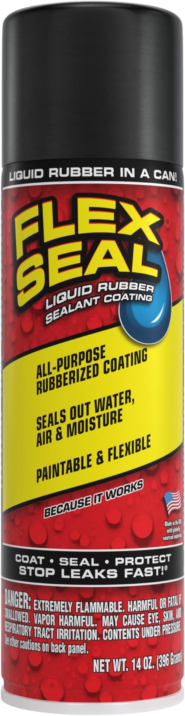 14 oz, Black, Stop Leaks Instantly, Waterproof Rubber Spray On Sealant Coating, Perfect for Gutters, Wood, RV, Campers, Roof Repair, Skylights, Windows, and More