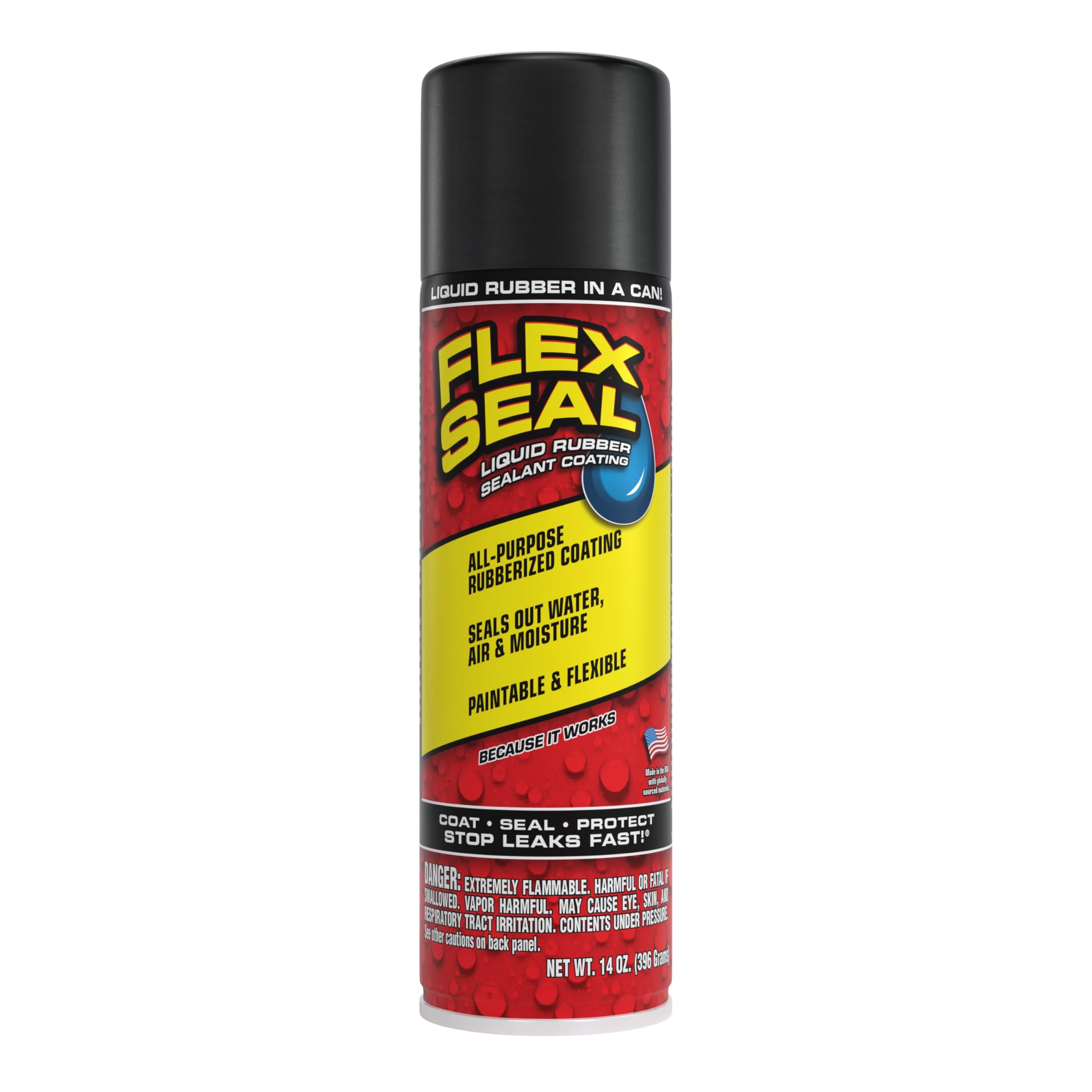 Flex Seal, 14 oz, Black, Stop Leaks Instantly, Waterproof Rubber Spray On Sealant Coating, Perfect for Gutters, Wood, RV, Campers, Roof Repair, Skylights, Windows, and More