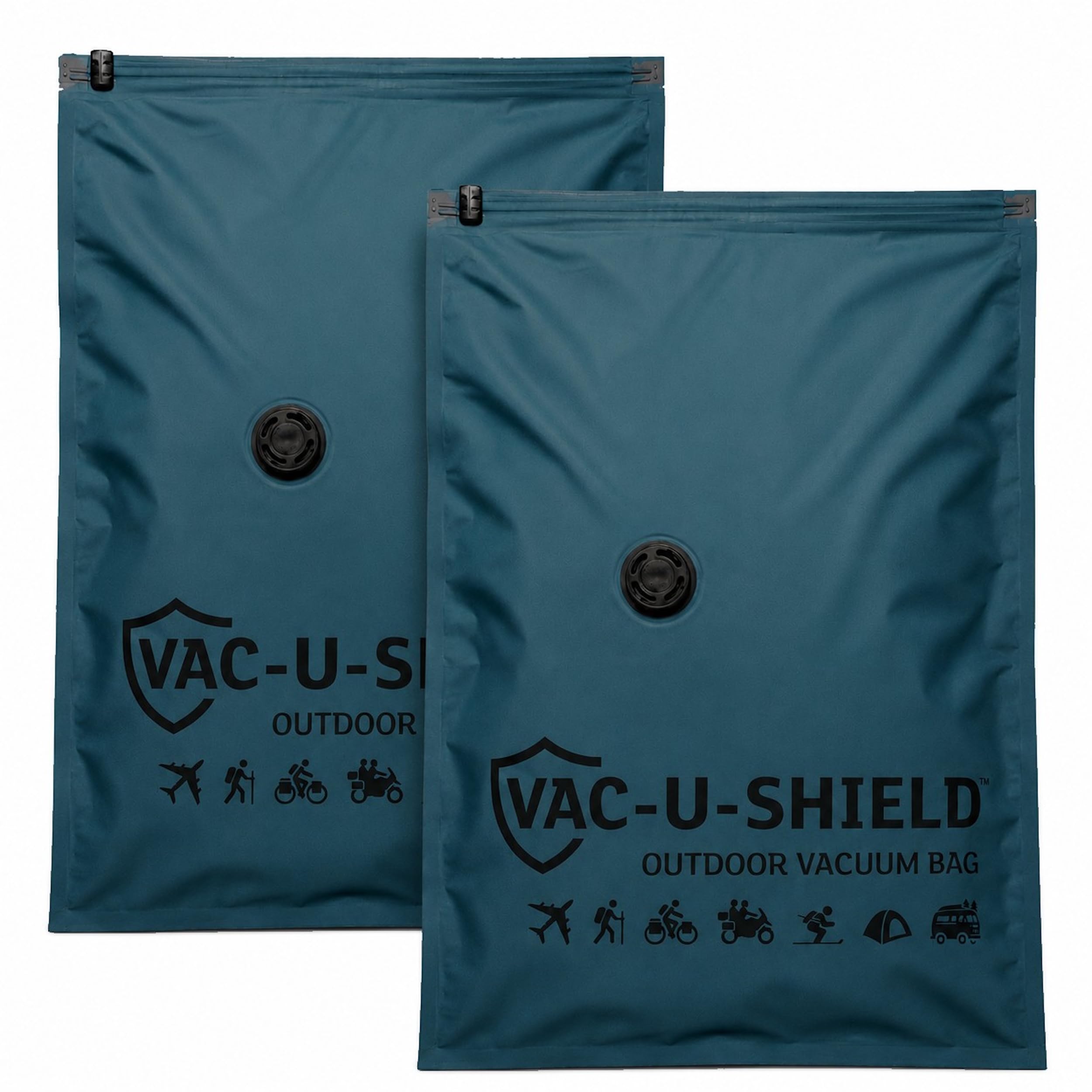 Vac-U-Shield Set 6 Sacchetti Sottovuoto Viaggio Outdoor 3 Misure S M L | 3 misure S M L in tessuto anti-graffio, valvola universale, compressione a mano o con pompa sottovuoto, lunga durata