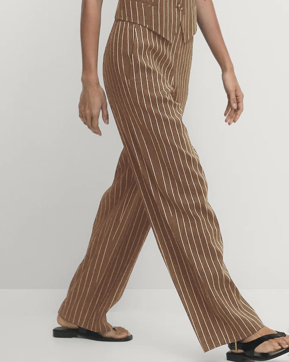 Women's Straight Leg Striped Pants High Waist Business Work Casual Pinstripe Long Palazzo Trousers with Pockets - Image 2