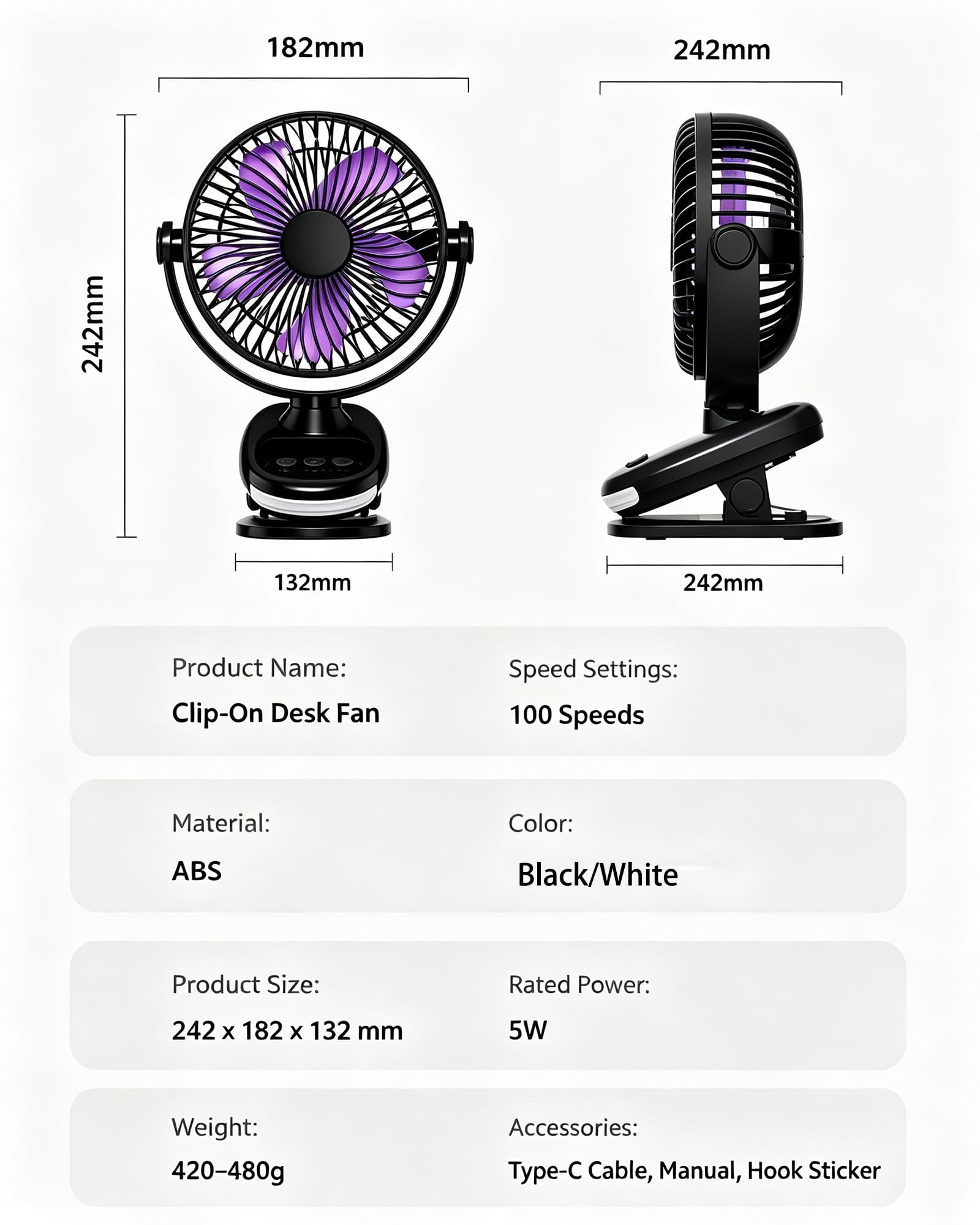 Ventilatore da Scrivania Ricaricabile a Clip 100 Velocità Silenzioso black