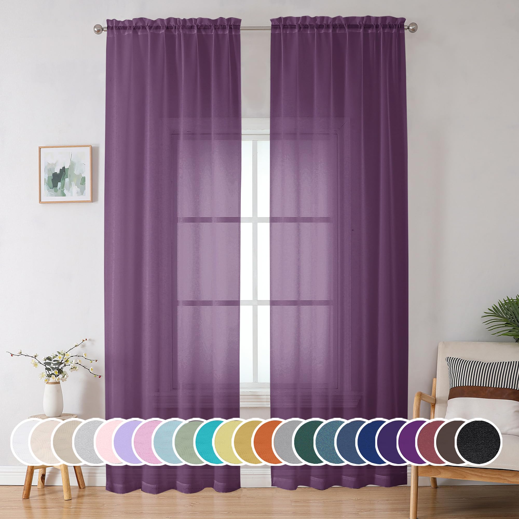 OWENIE Sheer Curtains 96 Inches Long 2 Panels Set, Transparent Light Filtering Plam Purple Sheer Curtain Rod Pocket Clear Drapes for Living Room