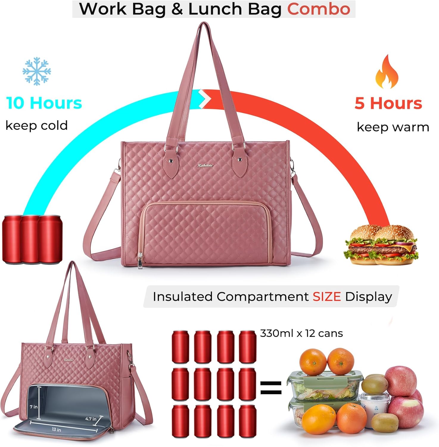 Laptop Tote Bag with Insulated Lunch Compartment for Women, PU Leather 15.6 Inch Work Bag, Elegant Computer Handbag, Versatile Business Tote for Office,Travel or Casual-Mauve Pink - Image 3