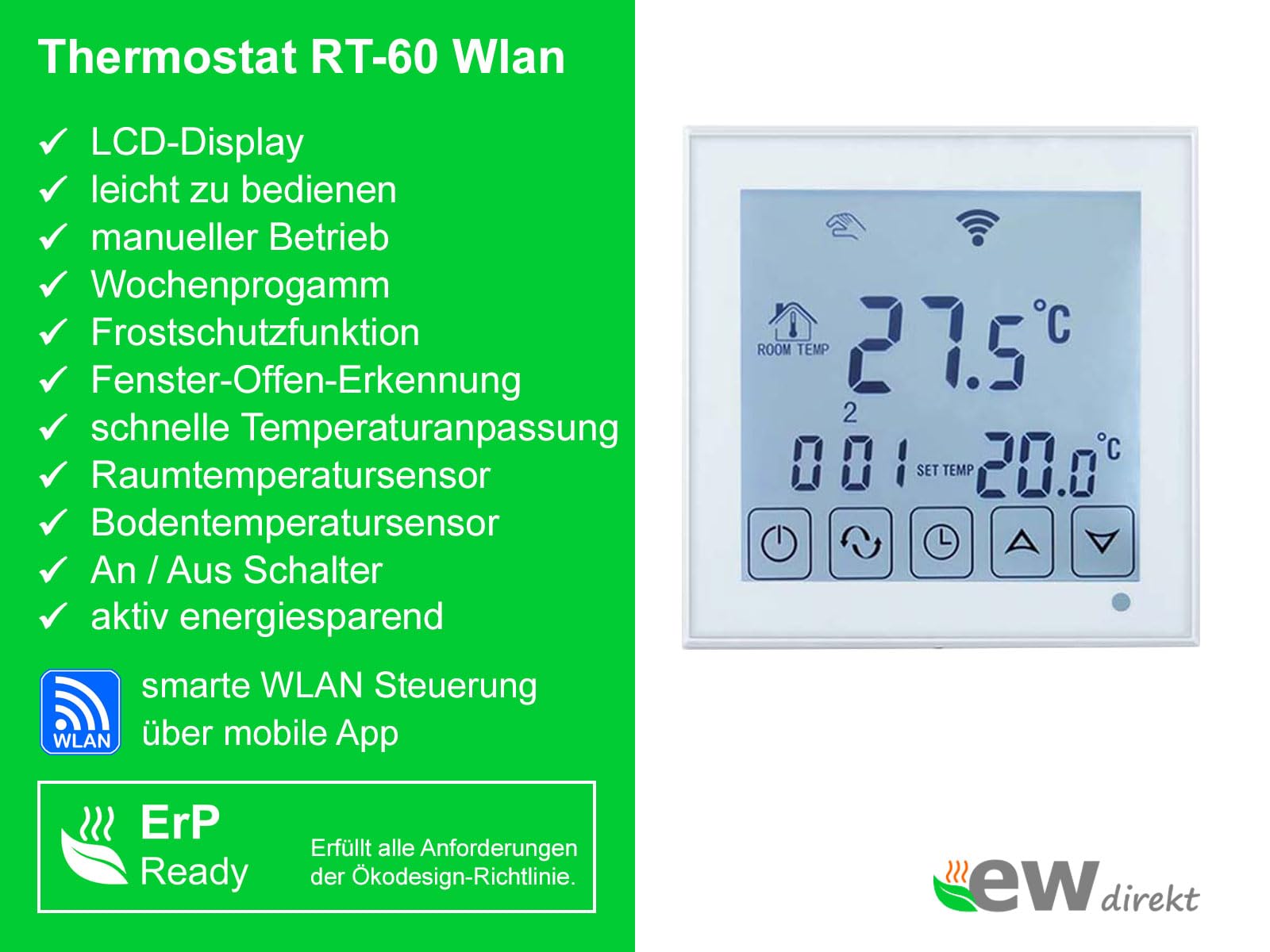 Komplett-Set elektrische Fußbodenheizung SunPro 160 für Fliesen, Naturstein mit Thermostat RT-60 Wlan (5 m² - 0,5 x 10 m)
