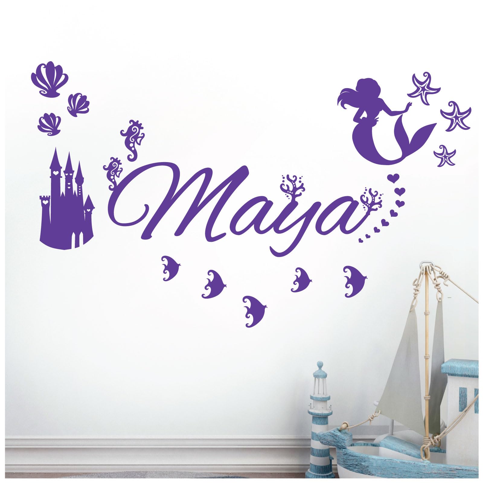 Personalised Name - Little Mermaid Inspired, Ocean, Castle, Starfish - Children's Bedroom Vinyl Wall Decal Sticker [Large] [Purple]