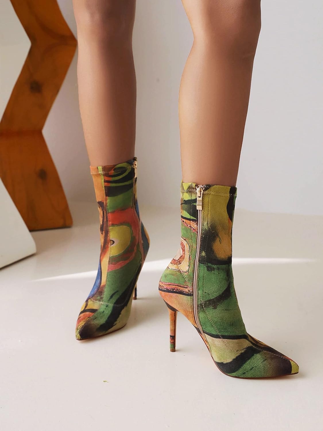 vivianly Women's Sexy Pointy Toe Stiletto Heels Ankle Boots Printed Stretchy Sock Booties - Image 3