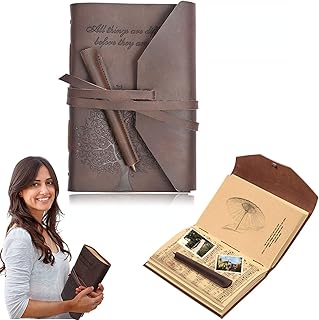 ハンドメイド レザー ジャーナル レトロ ヴィンテージ レザー トラベル ジャーナル ノートブック ペン付き クラフトペーパー メンズ レディース ギフト 旅行や仕事やオフィスの書斎に最適 (ブラウン) (レザージャーナル+ペン)