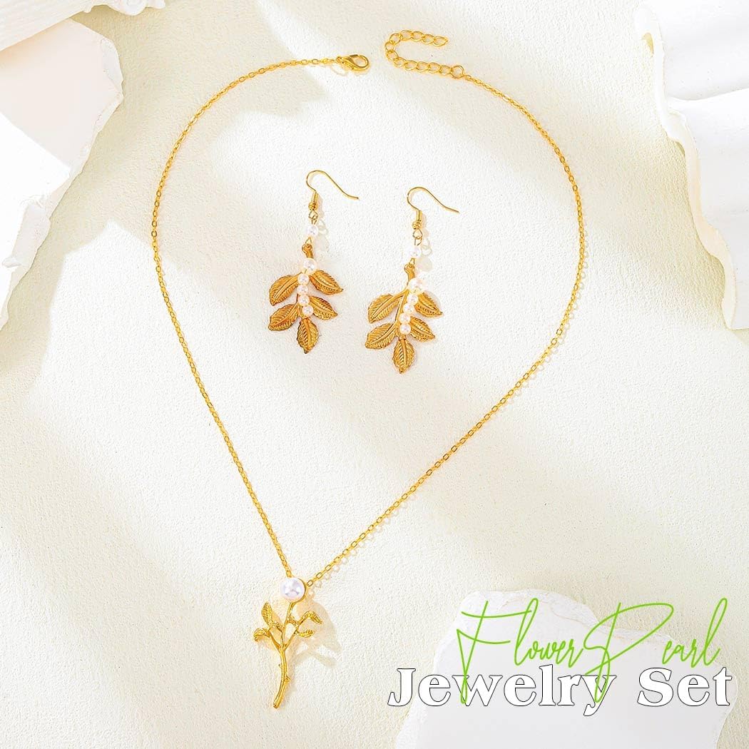 JEAIRTS Greek Goddess Leaf Jewelry Set Pearl Pendant Necklace and Dangle Earrings for Women,Gold Plated Vintage Jewelry - Image 3