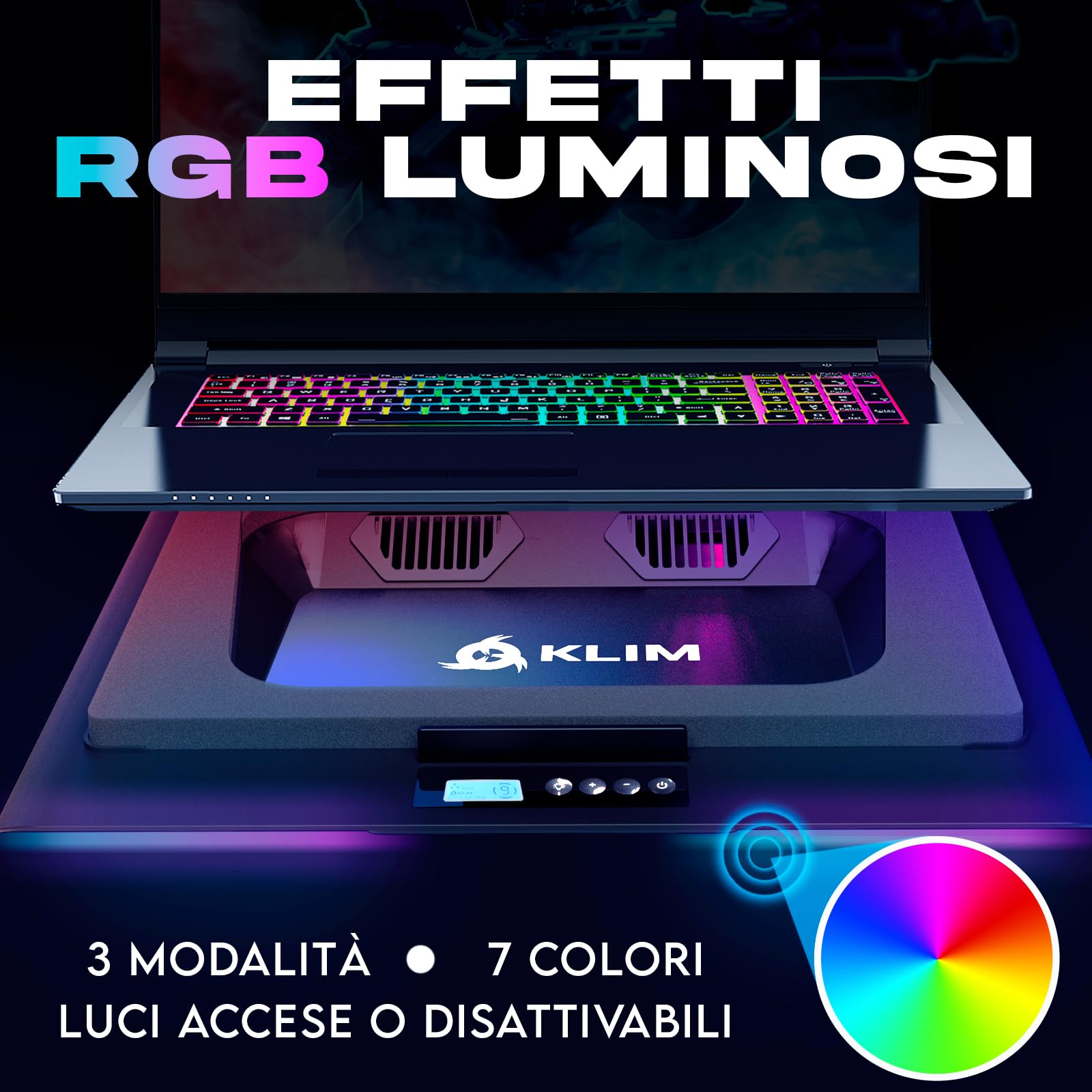 KLIM Everest Plus Base Raffreddamento Ventole PC Portatile Gaming 6300 RPM | Base raffreddamento PC DC con due ventole turbo, luci RGB, schiuma sigillata - raffredda veloce. Per portatili 11-17,3 poll.