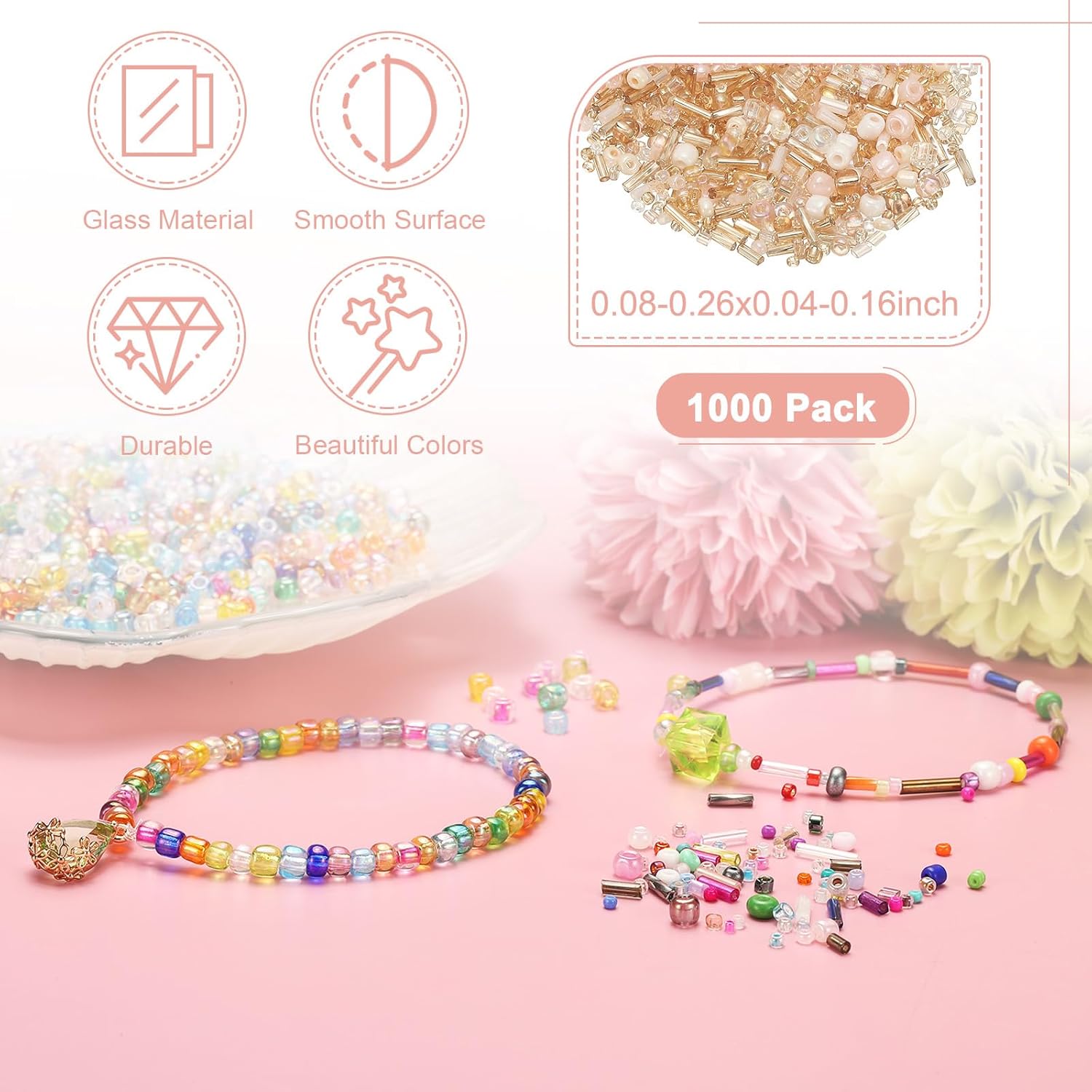 1000-Pack Mixed Glass Seed Beads, 1-4mm/0.04-0.16 Inch Tube Mini Glass Bugle Beads for DIY Earrings/Necklaces/Bracelets/Jewelry Making [Champagne] - Image 2