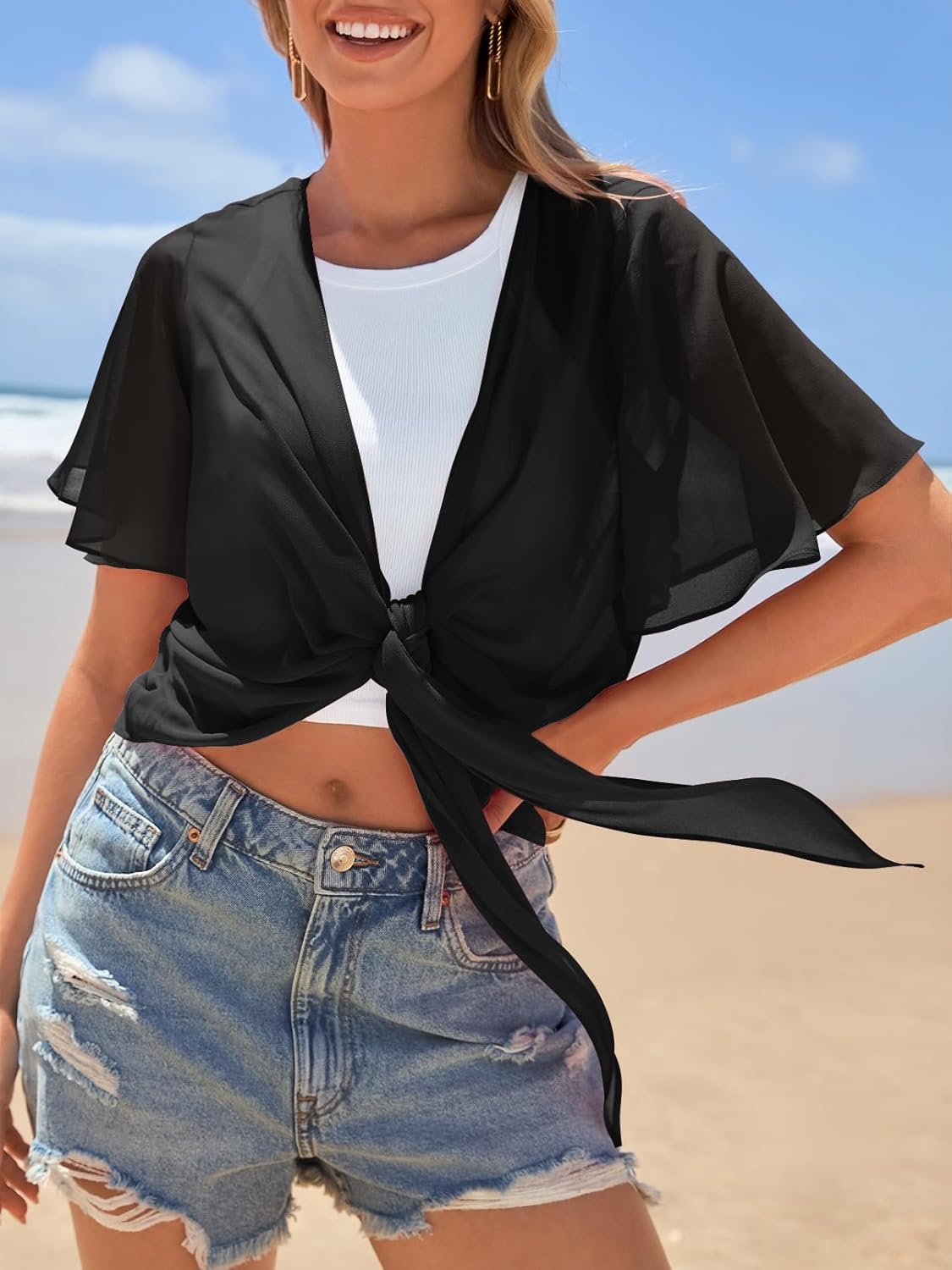 MEROKEETY Women's Summer Lightweight Sheer Shrugs Tie Front Chiffon Cardigan Cover Up Shawls for Evening Dresses - Image 4