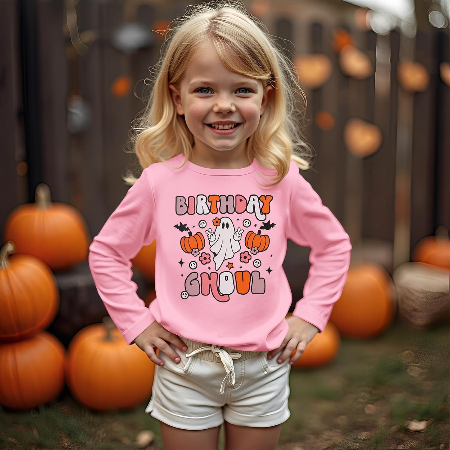 BOUTIKOME Toddler Girls Halloween Shirts Birthday Ghoul T Shirt Baby Spooky Season Ghost Tees B-Day Long Sleeve Fall Tops