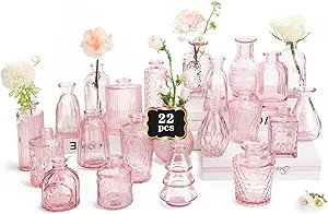 RUCKAE Pink Flower Vase in Bulk 22 Glass Bud Vases Vintage Small Vases for Centerpiece Table Wedding Decorations Home Decor Party (Pink)