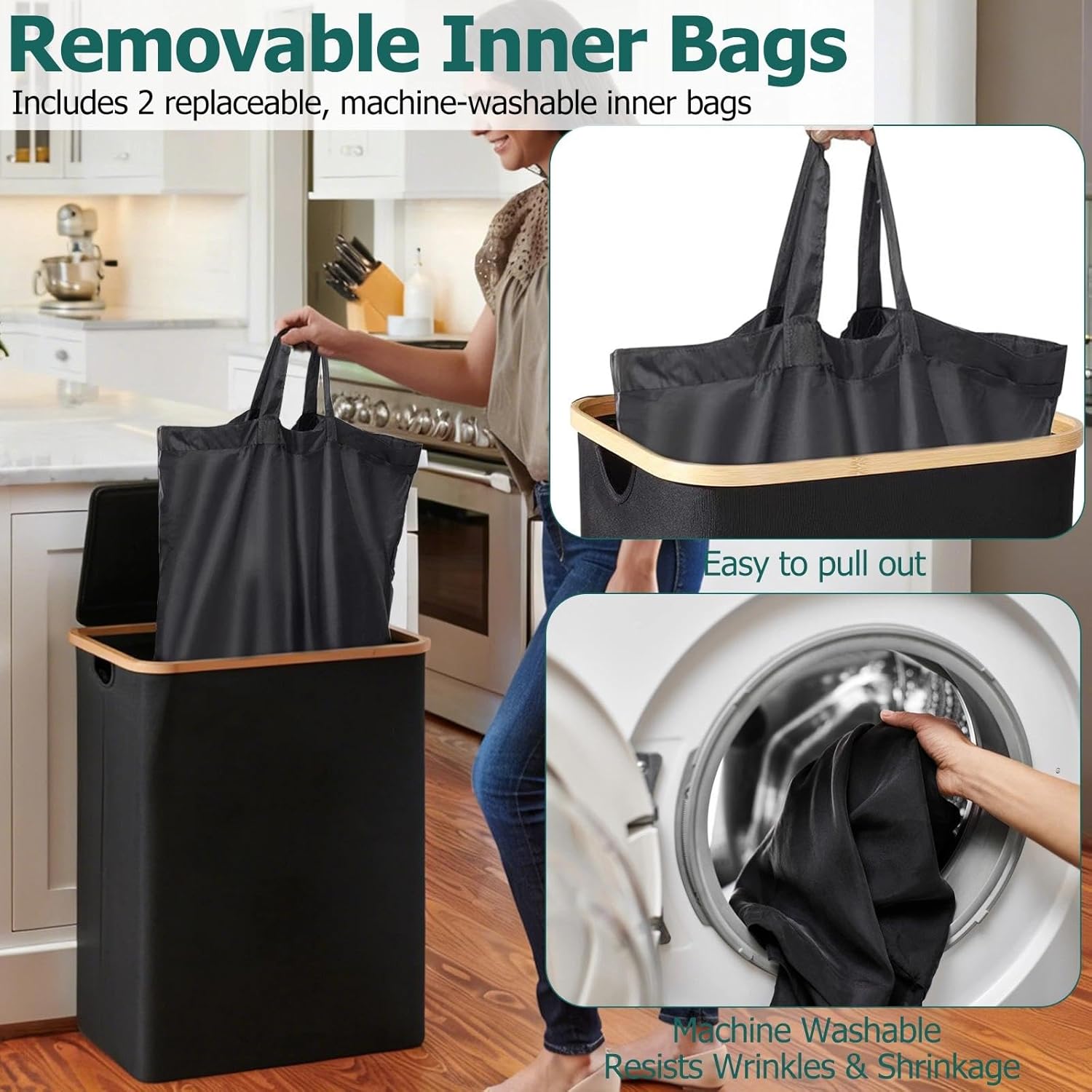 39 Gallon Large Recycling Bin for Kitchen, 140L Indoor Recycle Trash Can with Lid, 2 Compartments with 2 Removable Reusable Inner Bags for Bottle, Can, Glass, Plastic Waste, Black