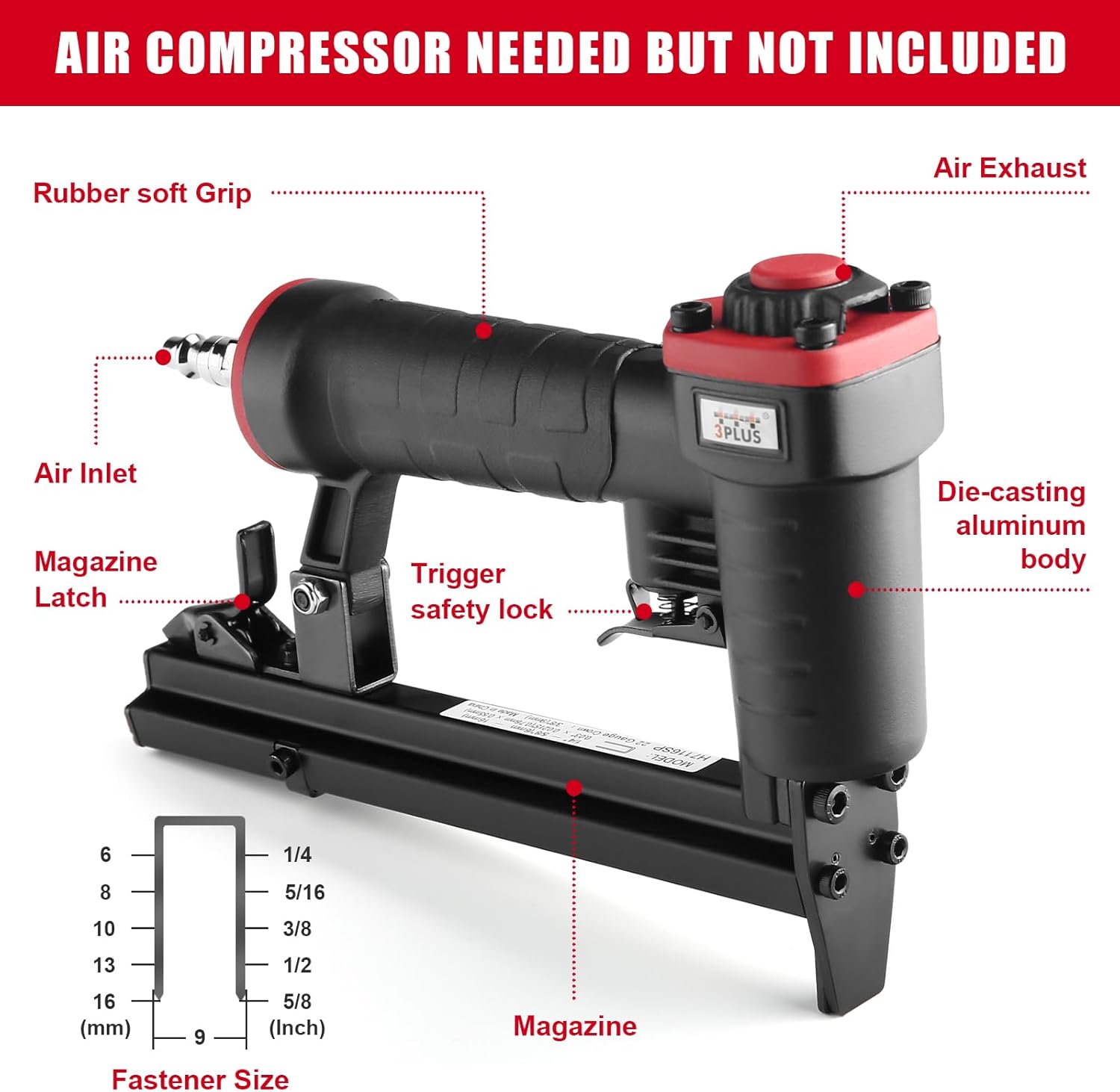 3PLUS H7116SP 22 Gauge 3/8-Inch Crown Pneumatic Upholstery Stapler for 71 Series Staples, 1/4-Inch to 5/8-Inch
