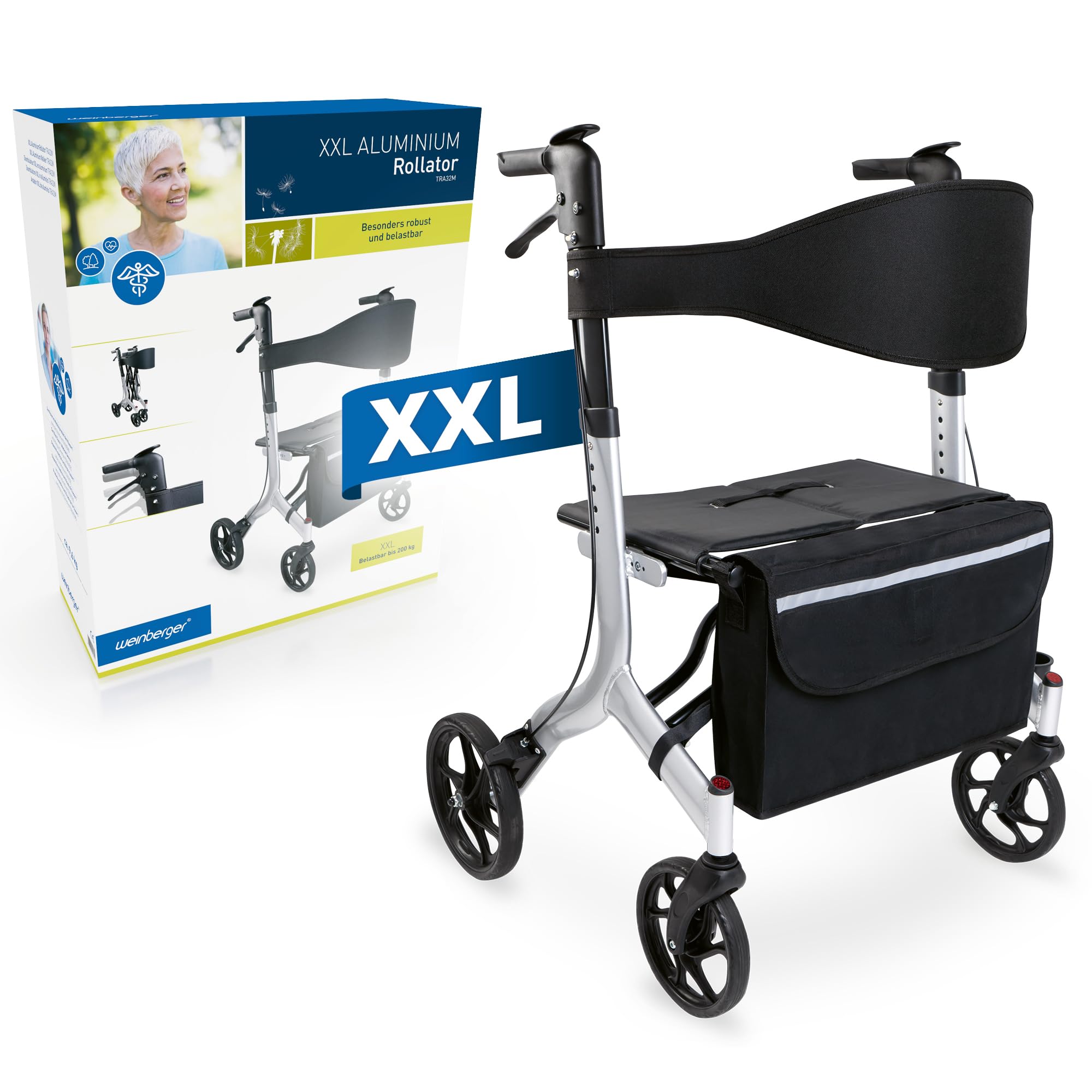 Weinberger Andador XXL de aluminio, estable hasta 180 kg, dispositivo médico clase 1, certificado SGS, plegable, altura ajustable, plegable, estable, 02262