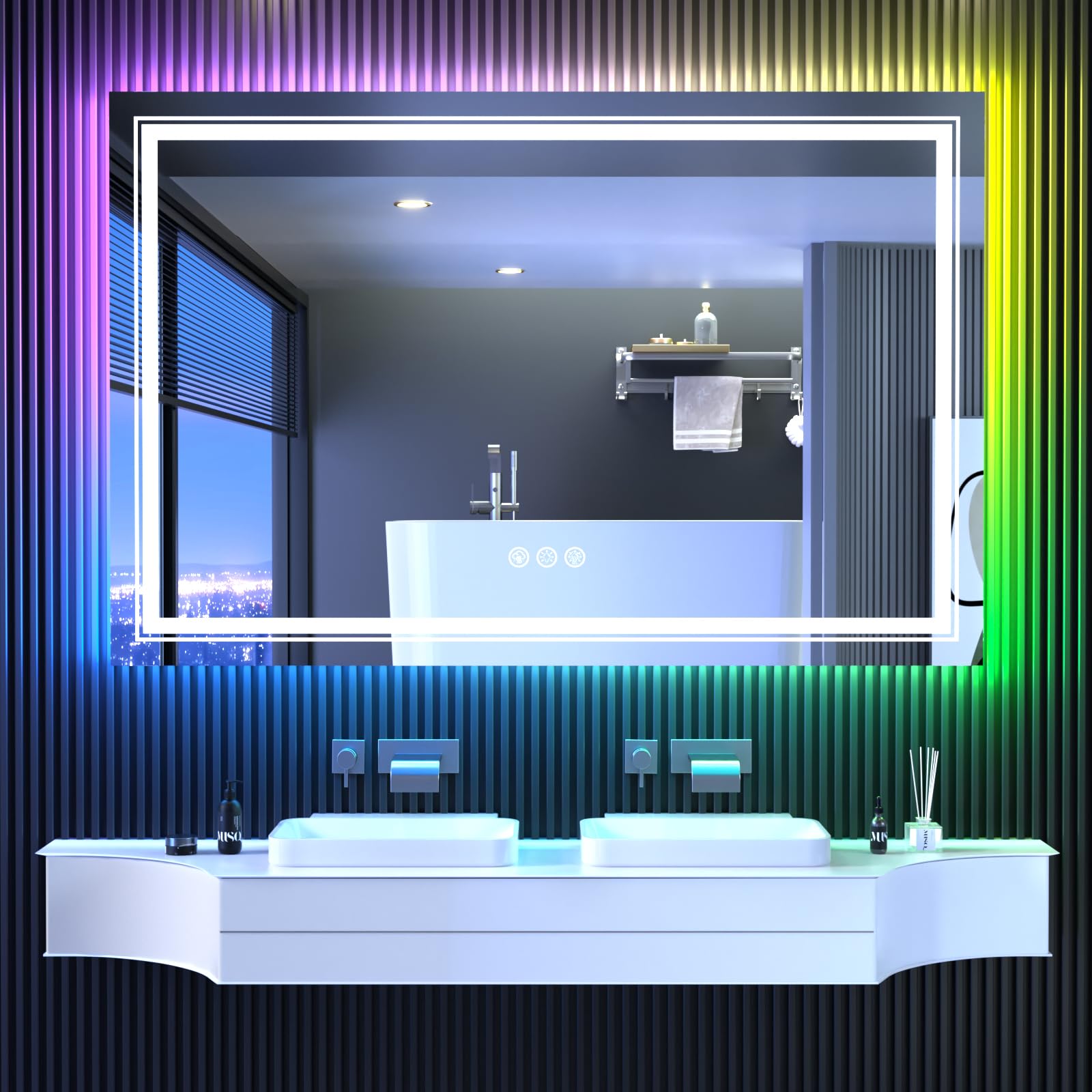 Photo 1 of Snowdool LED Mirror for Bathroom, 55"X36" with 8 RGB Backlit +3 Front Lit (Adjustable Individually), Anti-Fog, Large Lighted Bathroom Vanity Mirror for Wall,Shatterproof,Memory Function,Tempered Glass
