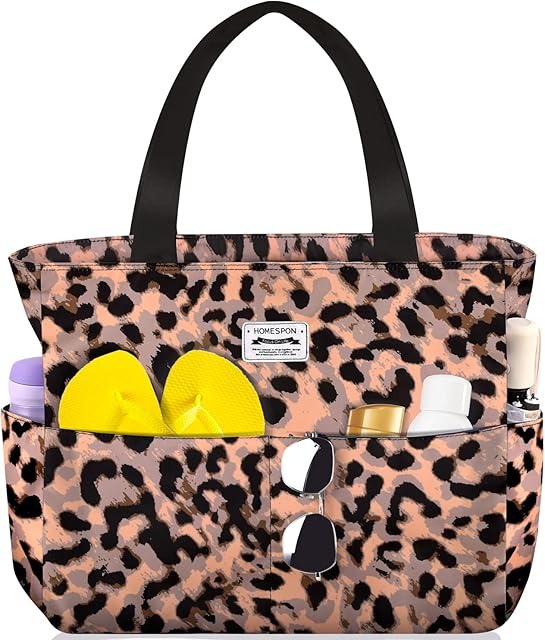 HOMESPON Large Waterproof Beach Tote Bag for Women with Zip and Pockets Foldable Handbag for Travel Pool Shopping Holiday Gym