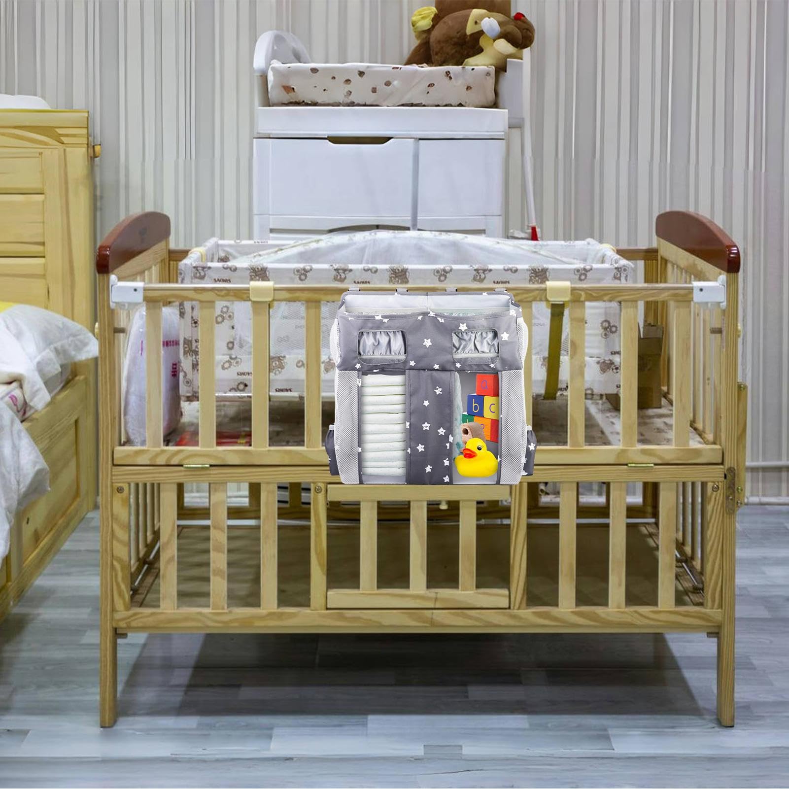 Organizador de Cama Bolsa Pañales Gran Capacidad, Bolsillos, Apilable | Bolsa De Almacenamiento Oxford Para Cuna Guardería Dormitorio Niños Juguetes Toallitas Biberón Babero