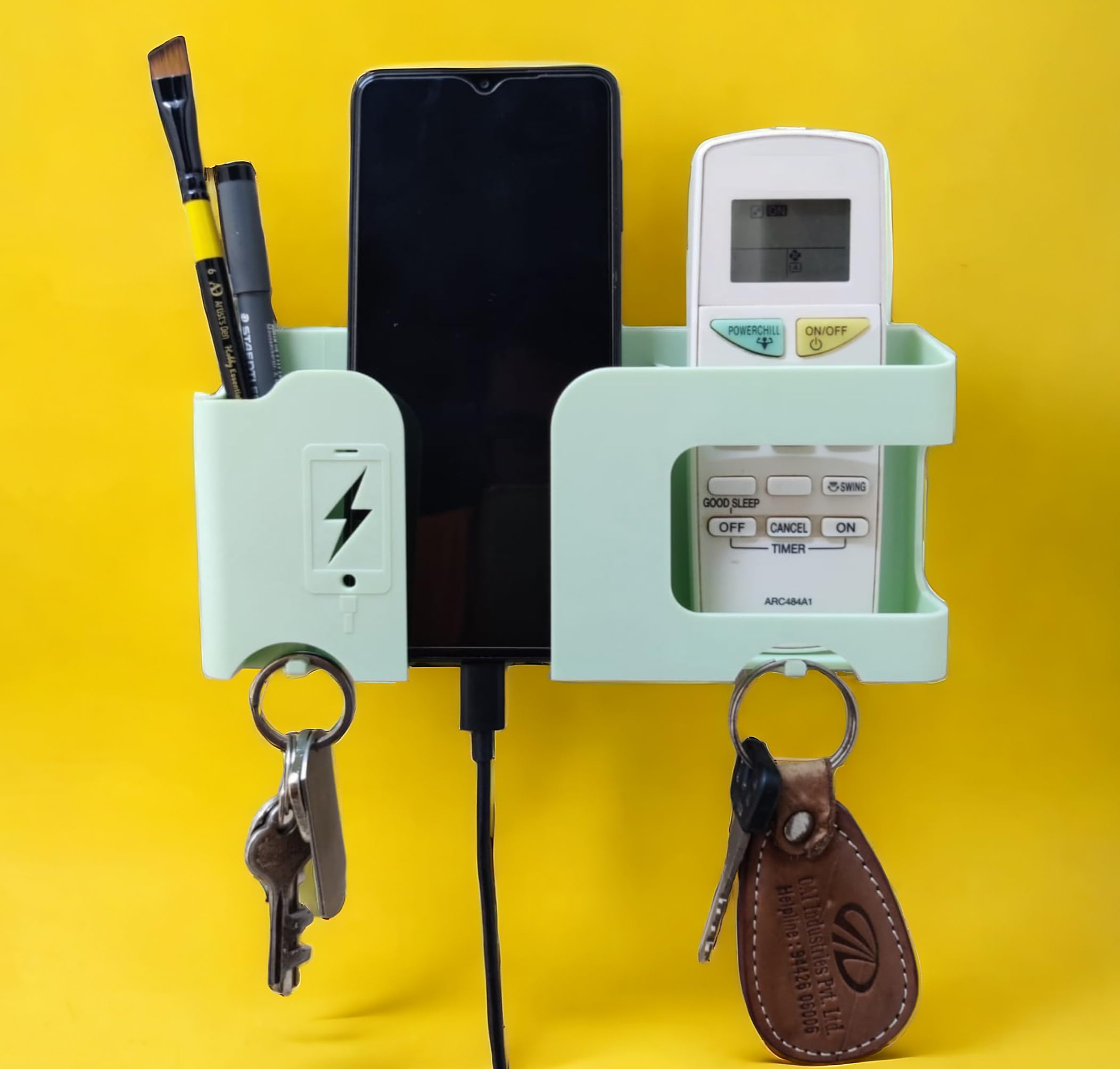 GEOCARTER Wall Mobile Holder | Multi-Purpose Mobile Stand for Wall | Remote Holder & Mobile Charging Stand | Wall Phone Holder for Charging | Kitchen Organizer Rack Wall Mounted | Useful Gadget-Green-image-26
