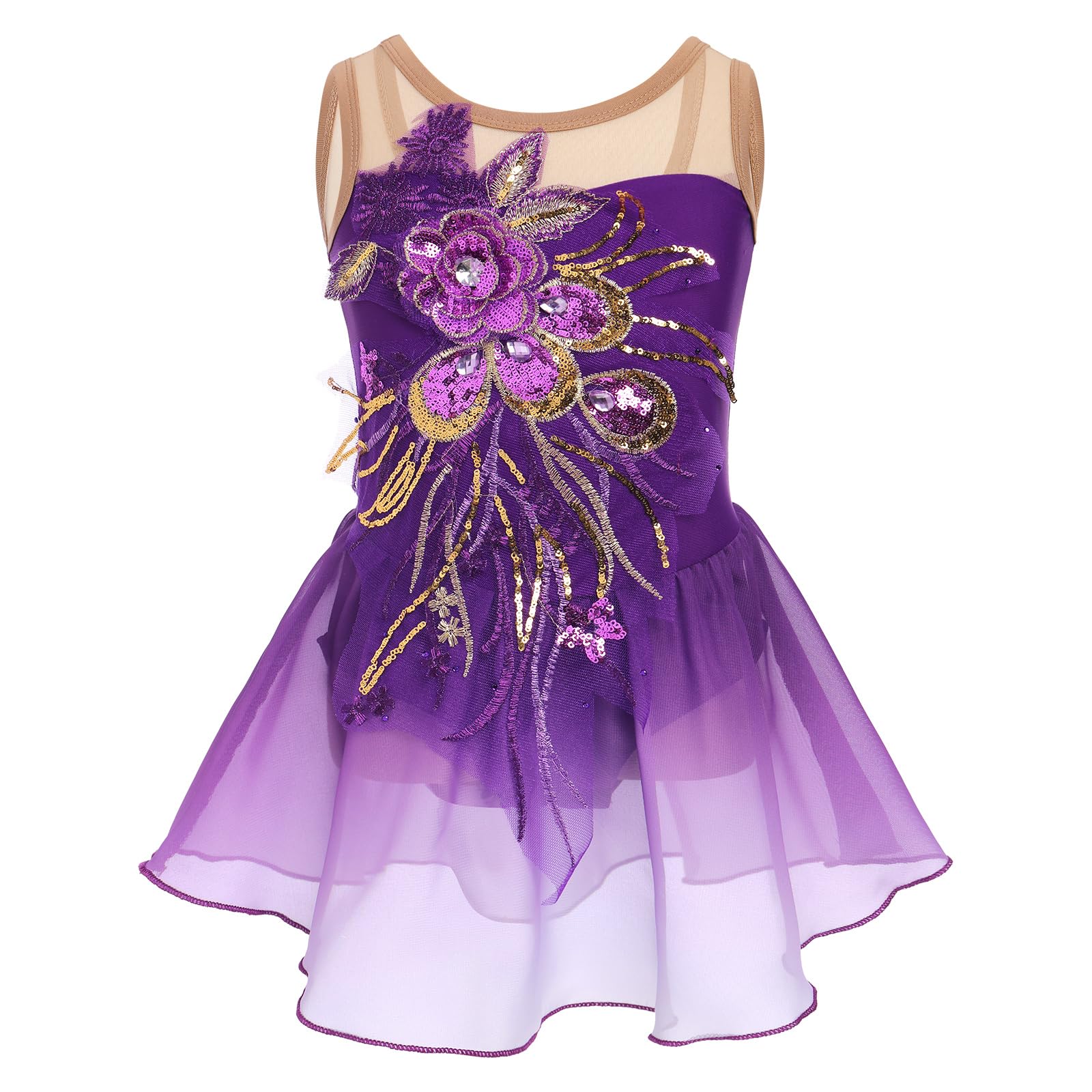 FYMNSI Robe de patinage artistique pour fille - Paillettes - Fleurs - Robe de ballet en mousseline de soie - Sans manches - Justaucorps de gymnastique - Vêtements de ballet pour 3-12 ans
