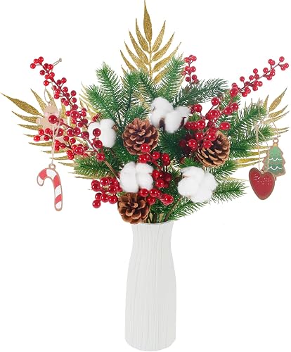 HUAESIN Artificial Christmas Flowers in Vase Christmas Floral Arrangements Faux Red Berry Picks Stems Fake Pine Branches with Pinecones Holiday Xmas Home Season Decor Xmas Wreath DIY Craft, 17PCS