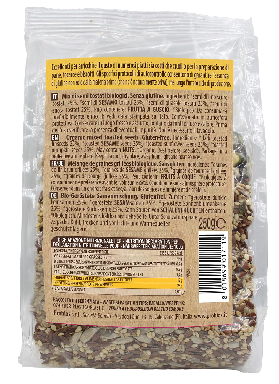 Probios Semi Misti Tostati Biologici - Ricchi di Proteine ​​e Fiber - Semi Naturali e Senza Glutine - Confezione da 6 x 250 g
