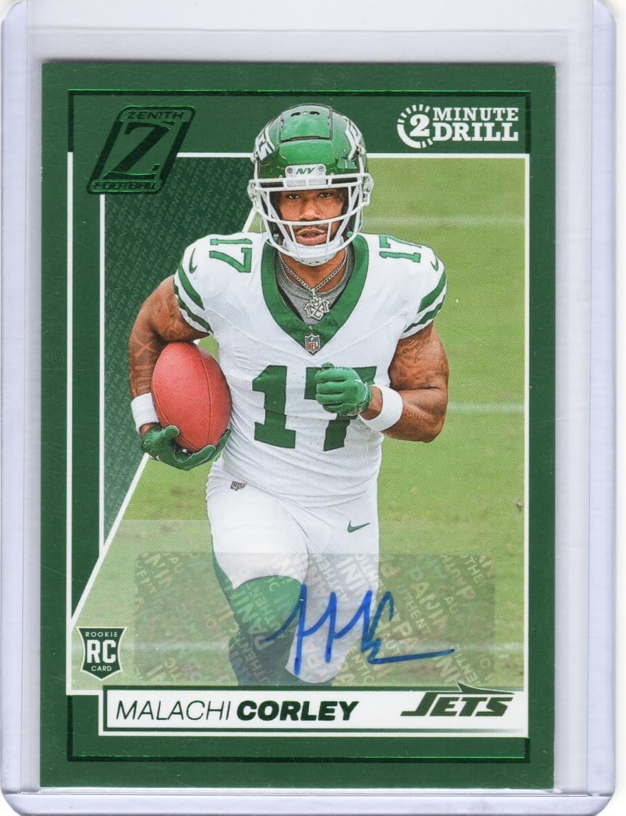 Malachi Corley Autographed Green Parallel 2 Minute Drill Rookie Card Collectible Football Card - 2024 Zenith Football Card #170 (Jets)