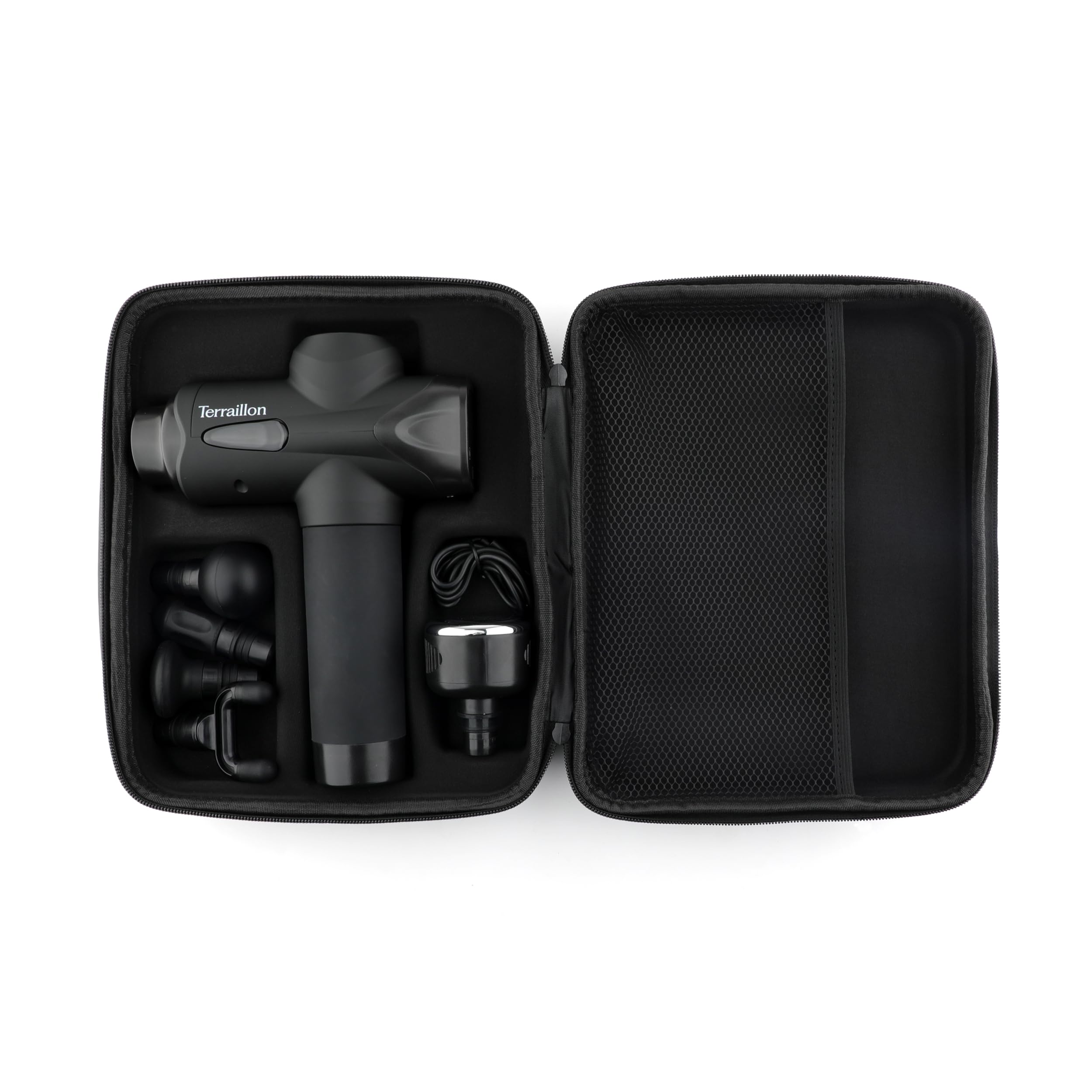TERRAILLON - GUN MASSAGER EXPERT - Pistolet de massage Multizones, 20 vitesses 2800-3200 RPM, Ecran digital, Minuteur intégré, 5 embouts silicone dont 1 chaud-froid, USB-C, Etui inclus, Noir