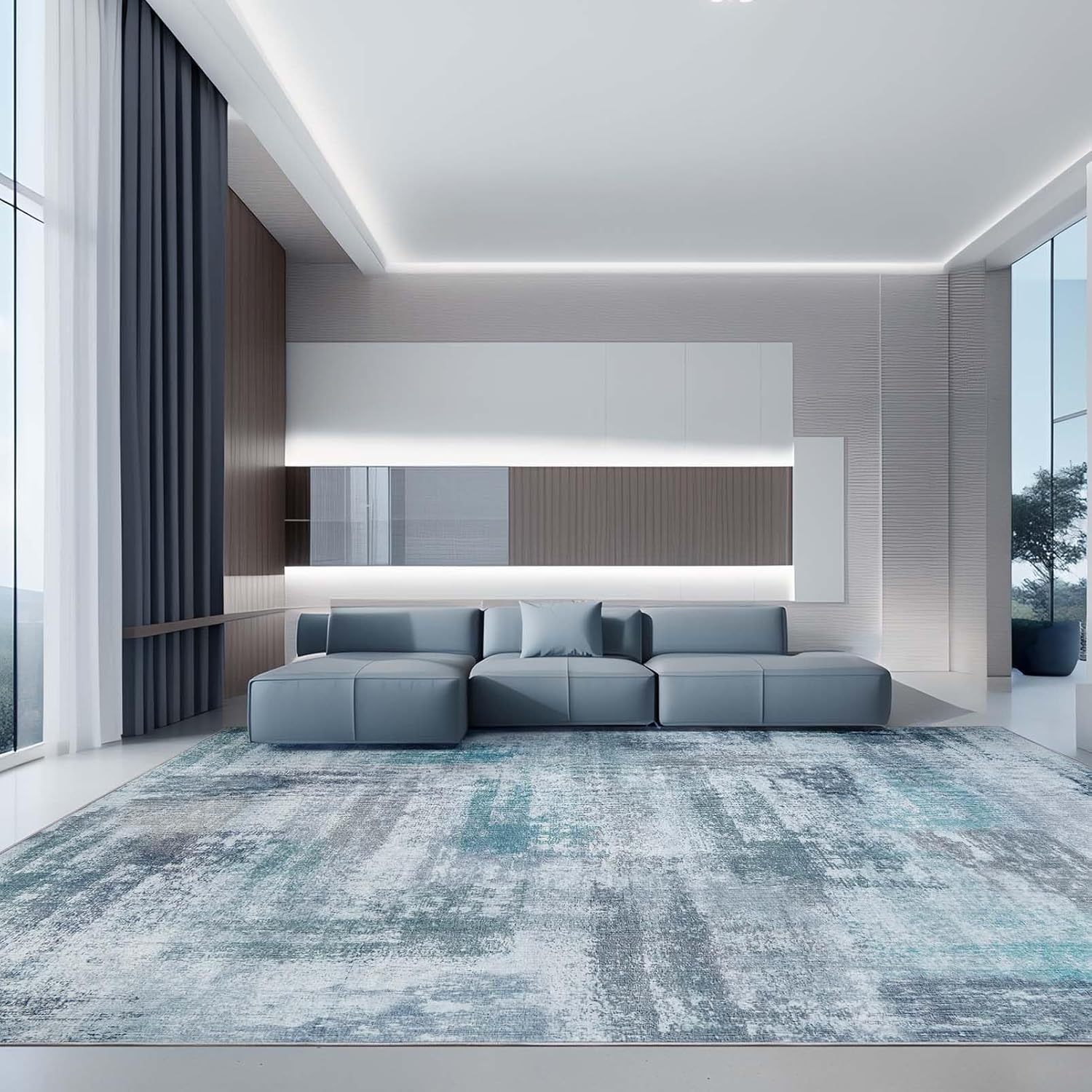 Area Rug Living Room Rugs - 8x10 Soft Modern Abstract Large Washable Rug Stain Resistant Non-Slip Low Pile Carpet for Indoor Bedroom Dining Room Home Studio Office - Colorful/Blue Teal Grey 8' x 10' Blue/Teal/Grey