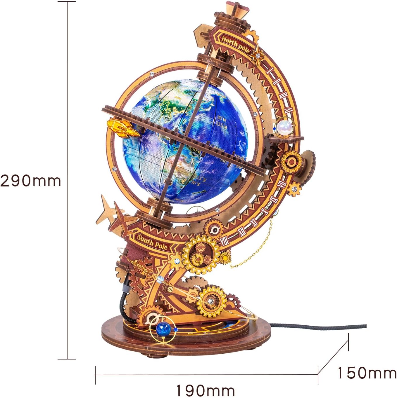 MU Model 3D Wooden World Globes Puzzle USB Rechargeable Illuminated Led Light Craft Work, Rotating Light Up Model with World Landmarks Models Kits Building, DIY Set Birthday Gifts Home Decor