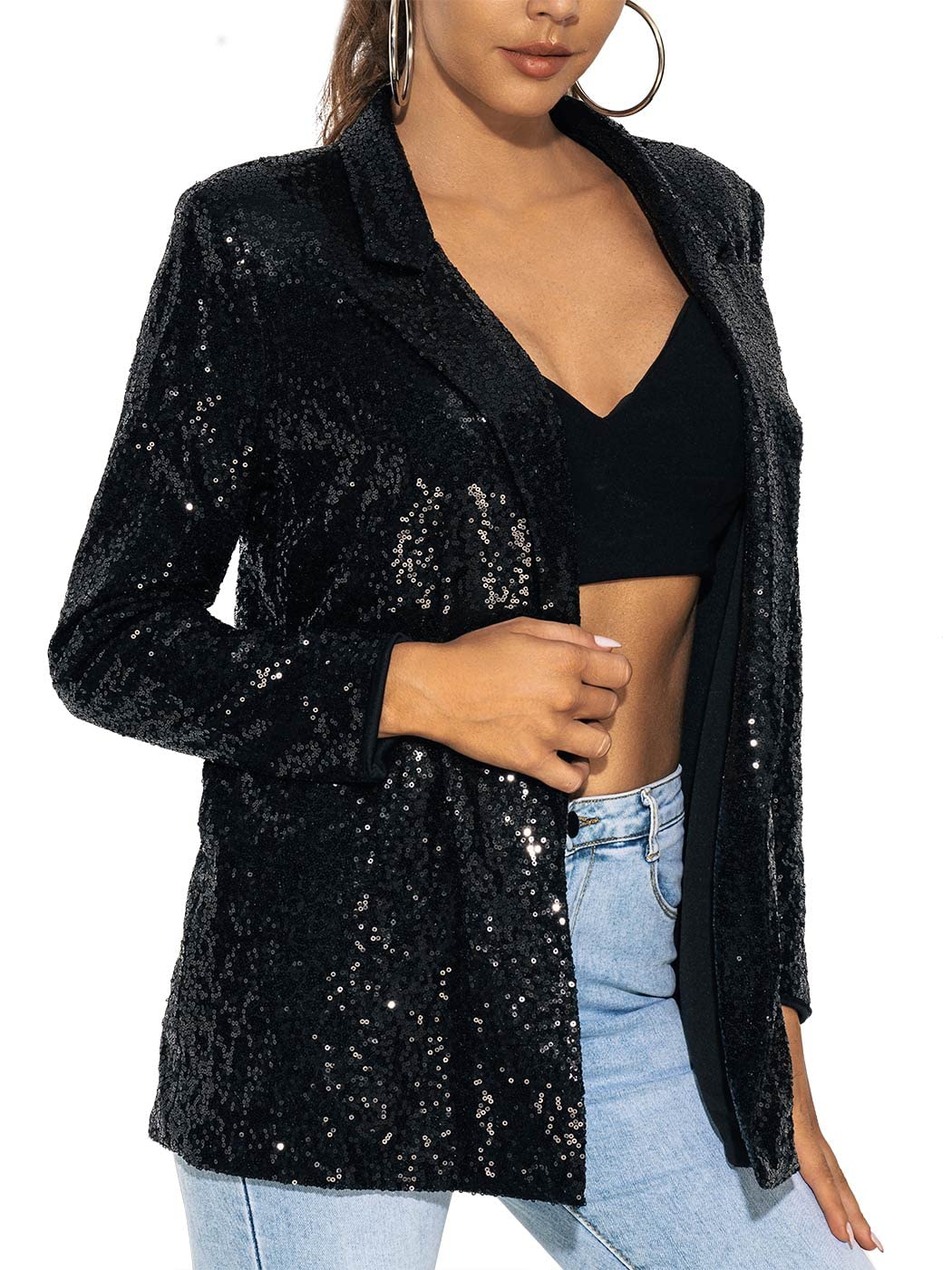 Edary Womens Sequin Jacket Casual Open Front Blazer Jackets Glitter Sparkle Lapel Long Sleeve Cardigan Coat WT30