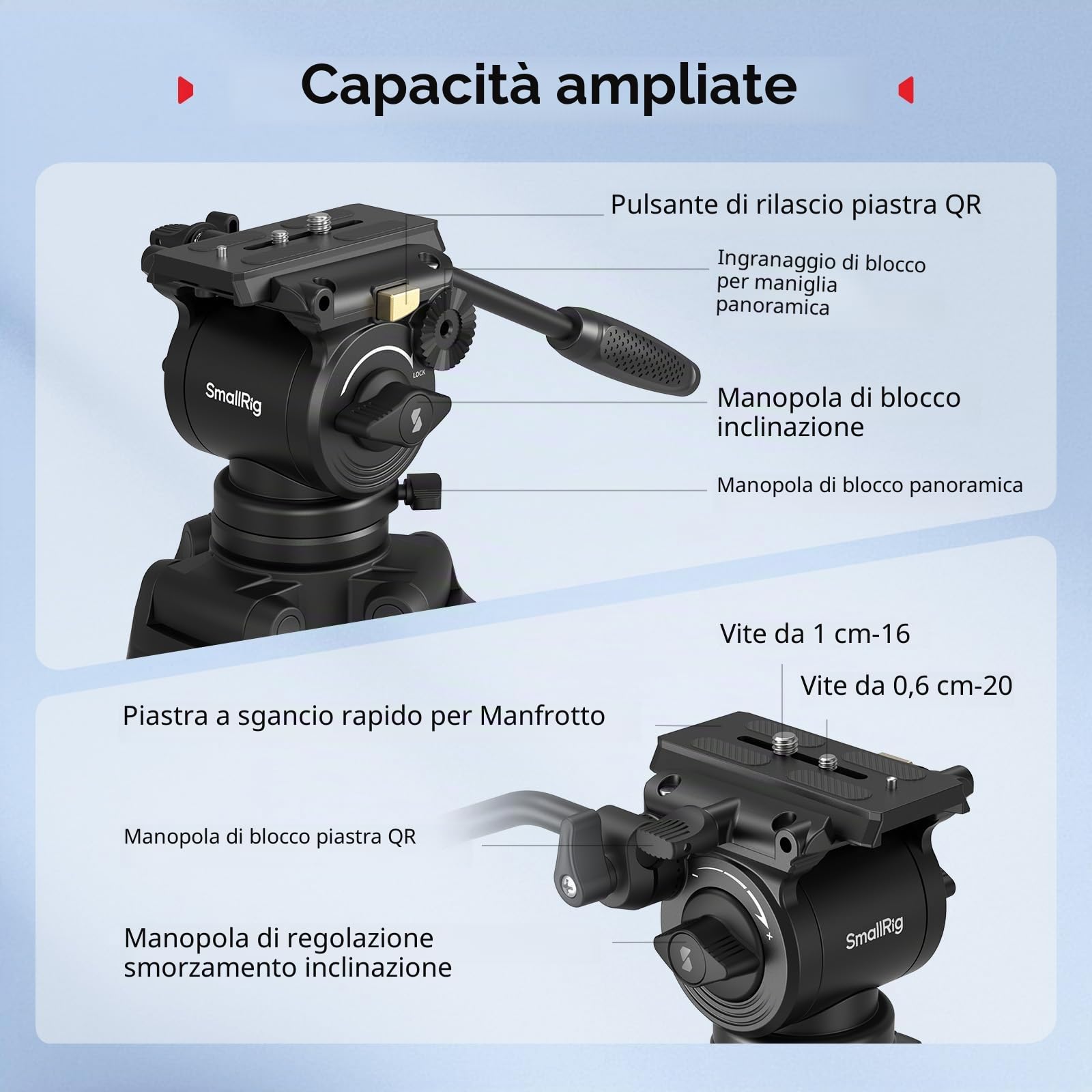 SMALLRIG Treppiede video in lega di alluminio per impieghi gravosi da 73''/186 cm, carico massimo 8 kg, testa fluida con inclinazione da +85° a -78°, peso del treppiede da viaggio compatto 3,1 kg-5441