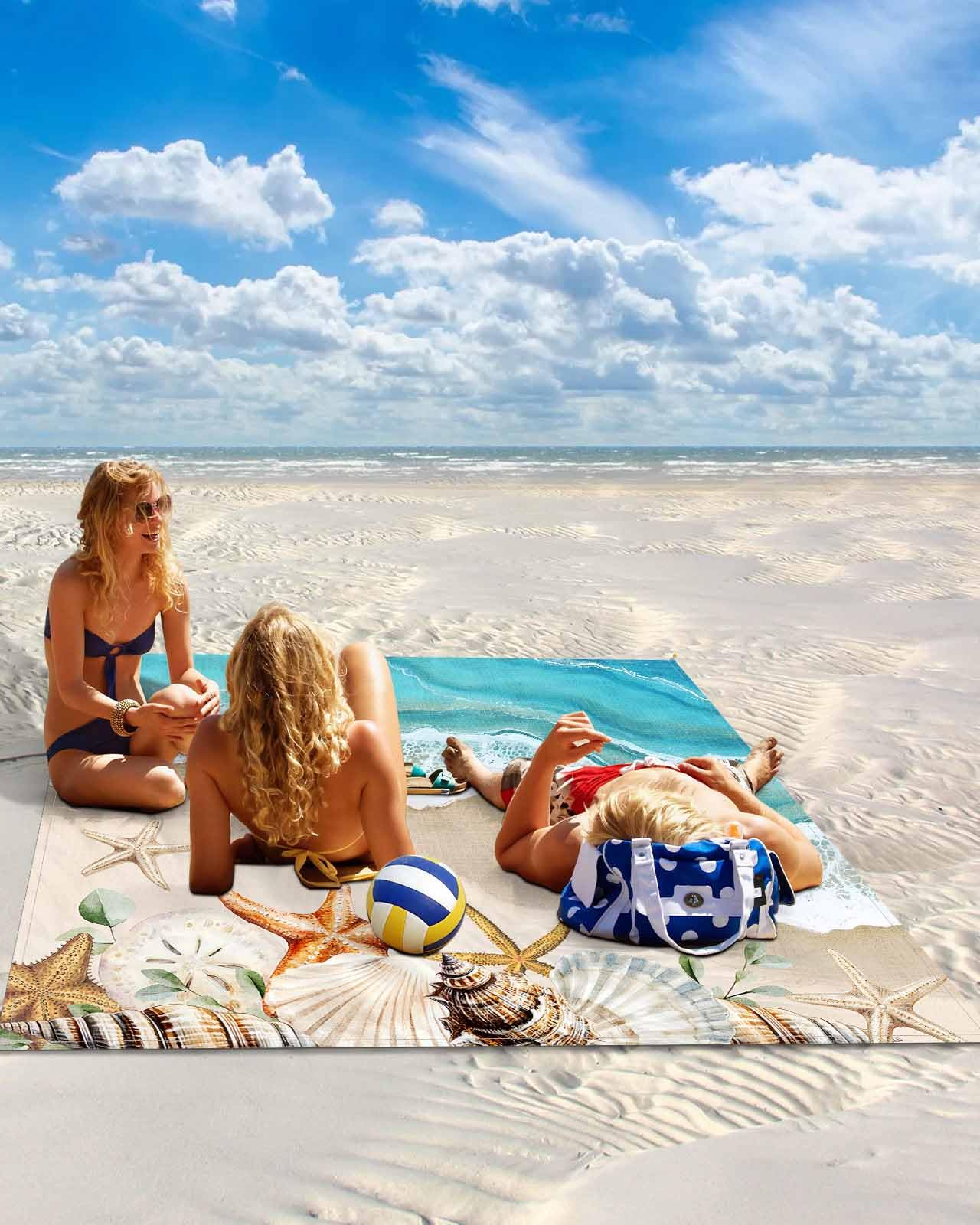 Nautical Coastal Ocean Wave Beach Blanket Extra Large 83x79in Outdoor Waterproof Sandproof Picnic Blankets with Stakes Lightweight Beach Mat for Camping Travel,Summer Beach Seaside Starfish Shell