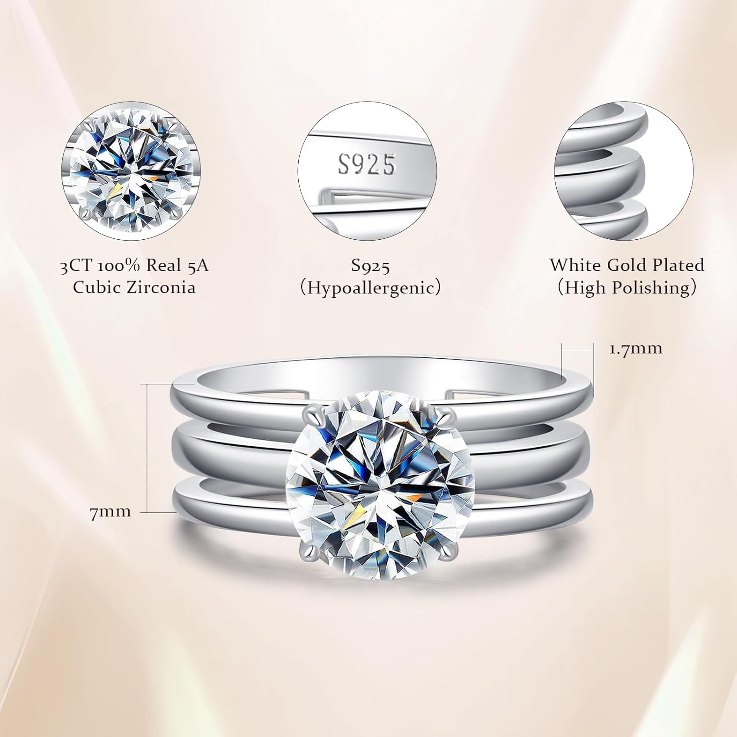 3CT 925 Sterling Silver Engagement Rings for Women Round Cut Wide Band 5A Cubic Zirconia Wedding Rings White Gold Plated Statement Ring Anniversary Promise Rings for Her Size 5-9 - Image 4