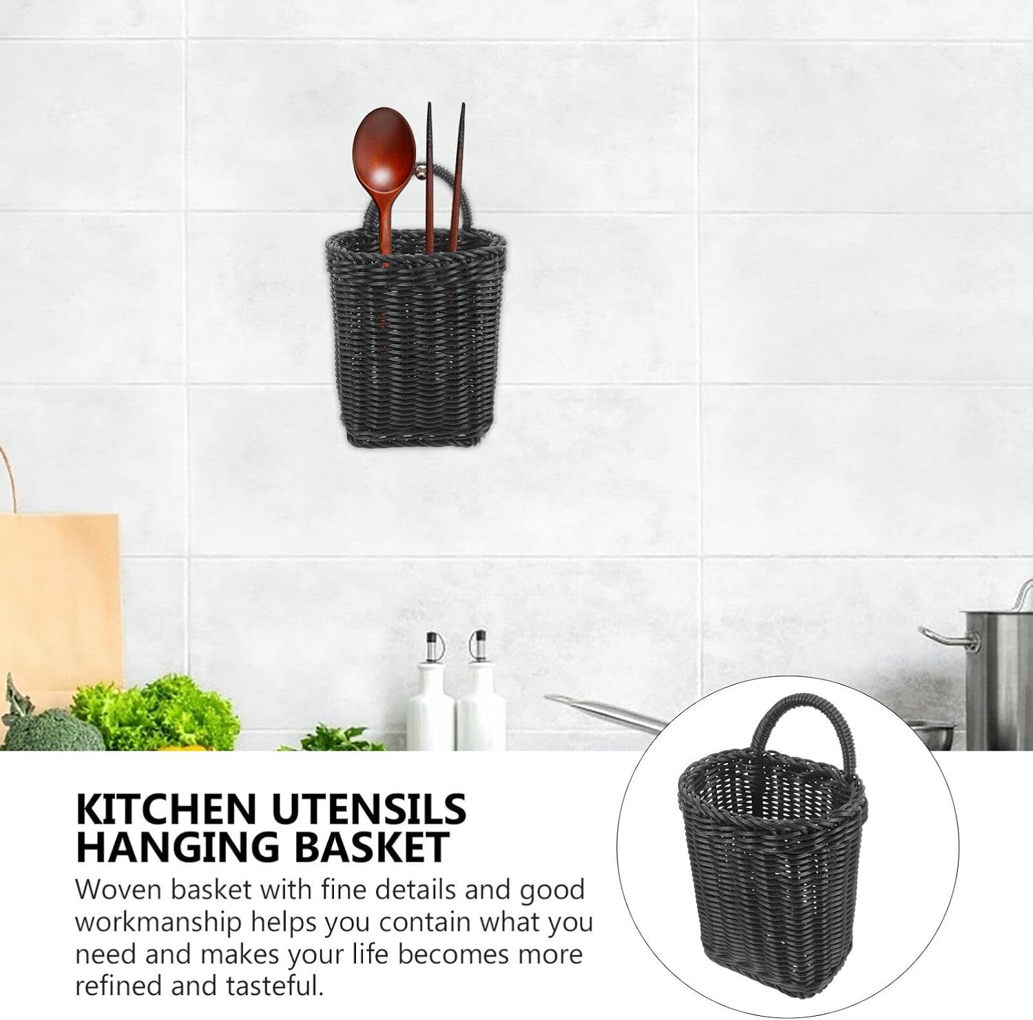 Kichvoe Woven Storage Basket Wall Hanging Wicker Wall Basket Plant Holder Flower Basket Shelf Basket Handmade Laundry Bins Organizer for Kitchen Bathroom Bedroom Black