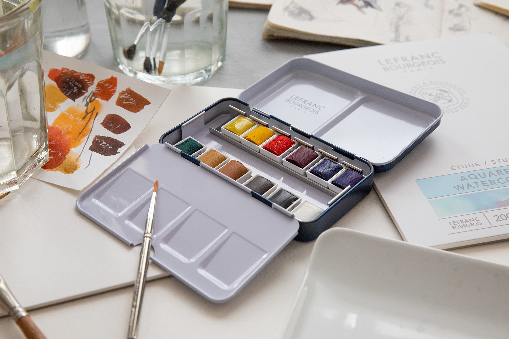 Lefranc & Bourgeois Acquarello Fine Set 12 Mezzi Godet, Pennello E Tavolozza, set di colori