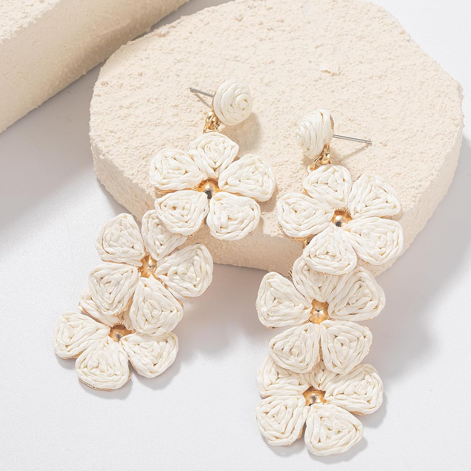 Flower Drop Earrings Floral Raffia Earrings Boho Statement Dangle Earrings Trendy Cute Summer Beach Vacation Jewelry for Women - Image 3