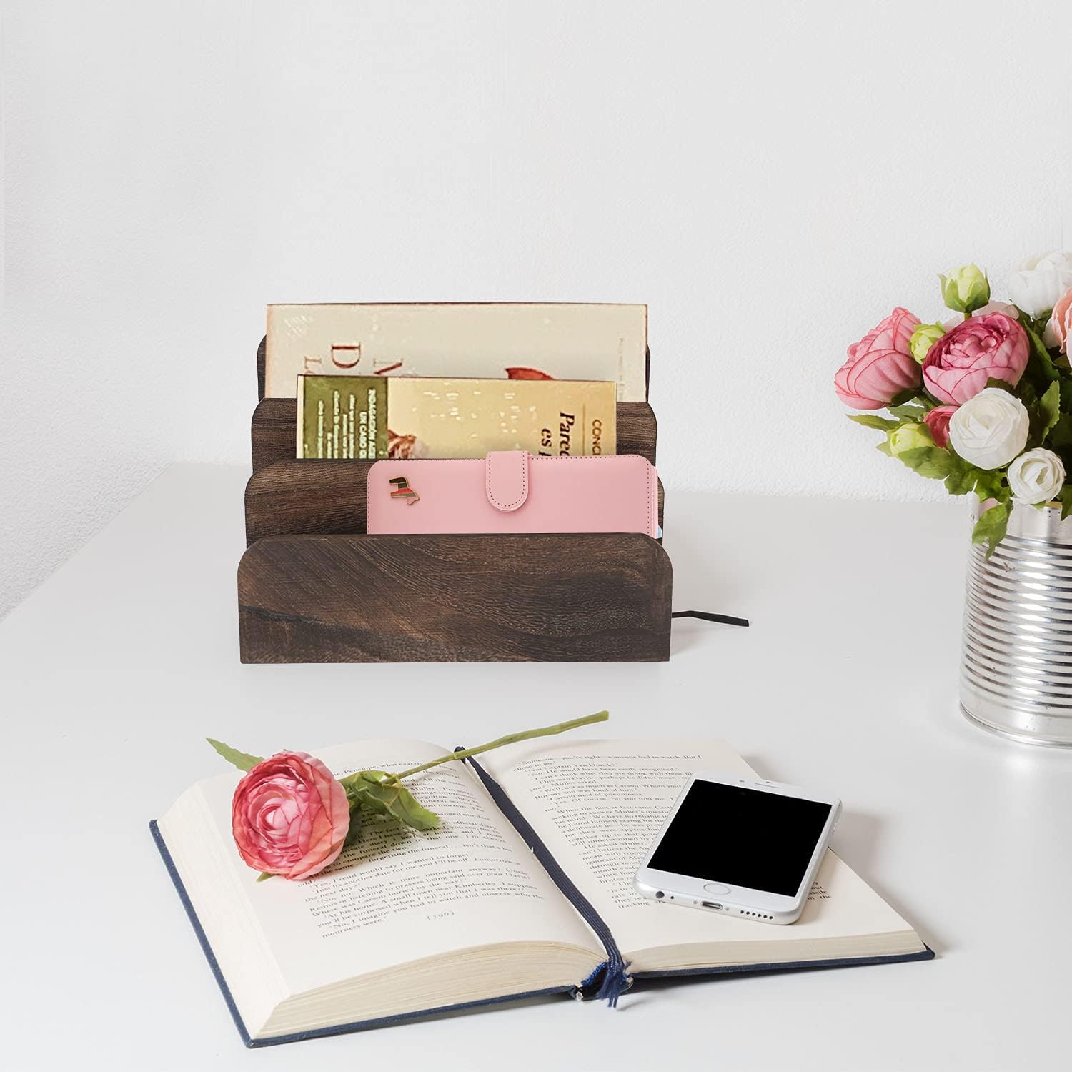 File Holder for Desk,Wood Paper Organizer,Rustic Desk Organizer,Mail Sorter for Desktop,Organizer for Counter,Letter Organizer for Document/Filing/Folders/Paper,Darkbrown