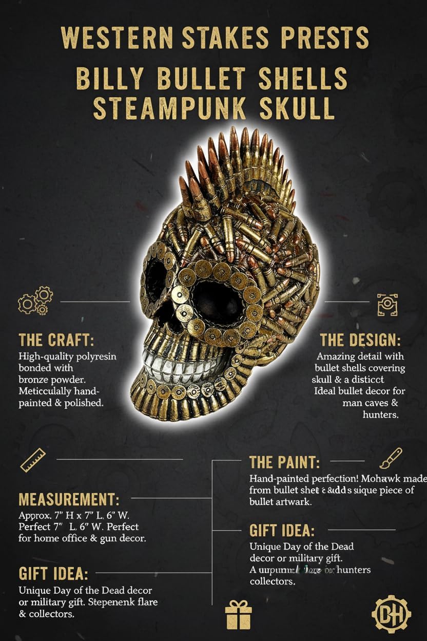 Urbalabs Billy Bullet Shells Steampunk Skull Mohawk Cartridge Casings Skull Statue Skeleton Head Figurine Hunting Skull Decor Bullet Art