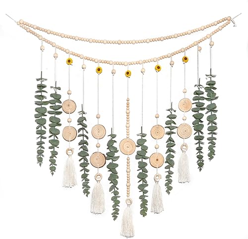 Decoración de pared de eucalipto artificial para colgar, tallos de vegetación de plantas artificiales en guirnalda de cuentas de girasol de 29