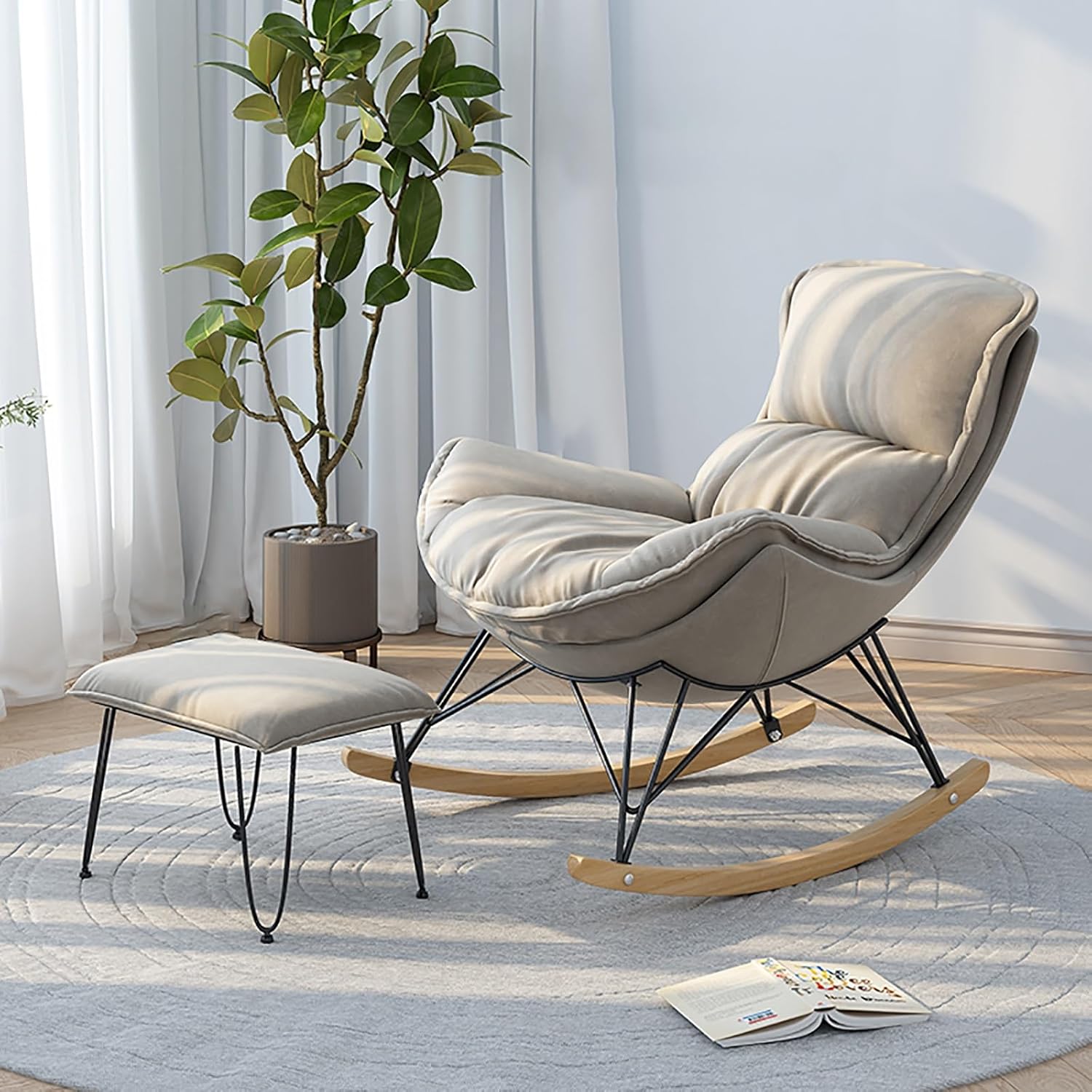 Outdoor Rocking Chair with Footrest Comfortable Upholstered Rocking Chair with Side Pockets and Armrests Living Room Rocking Chair for Living room and bedroom Balcony. ( Color : Light grey , Size : Me