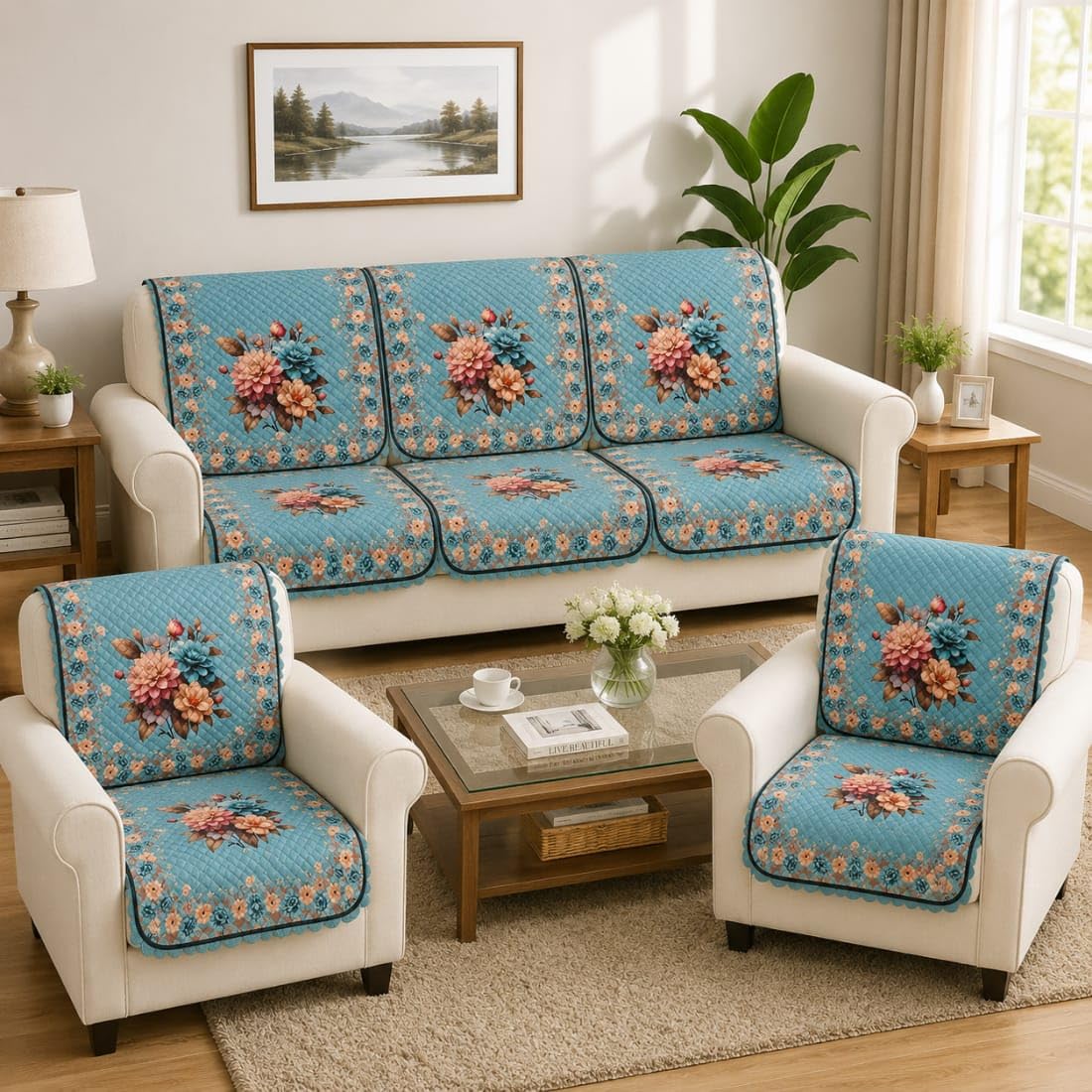 Quilted Sofa Cover Set for 5 Seater Sofa Sky Blue 10 Pieces Premium Furniture Protector Slipcovers for 3 Seater 1 Seater Sofa Couch Covers Washable Living Room Home Office-image-38