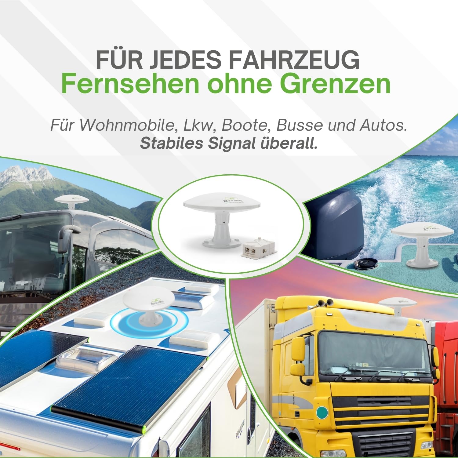 MOSCATELLI Omnidirektionale terrestrische DVB DVBT2 Outdoor Camping Antenne für Wohnmobile und Wohnwagen - 12/24/220V - Kit mit Kabeln, Verstärker und LTE Filter. Wasserdicht, UV-Schutz