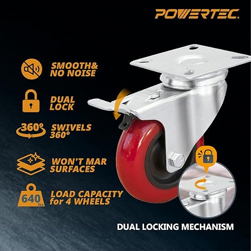 Miniatura 5 de POWERTEC 17215 Juego de ruedas de placa de 3 pulgadas, 12 piezas, incluye 4 giratorios de doble bloqueo, 4 ruedas giratorias y 4 ruedas industriales